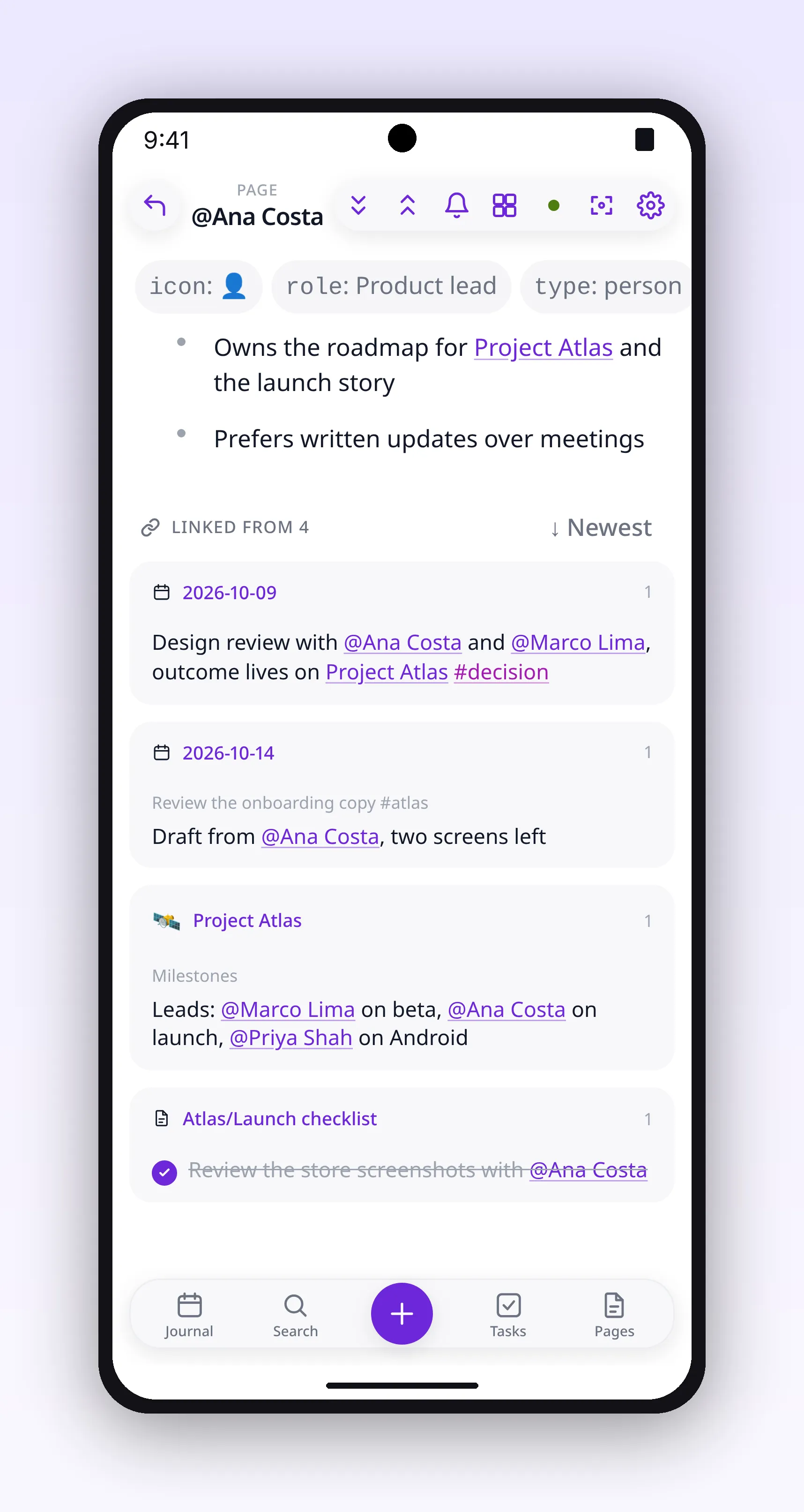 a person page listing the blocks that link to it, in outl on the Android app