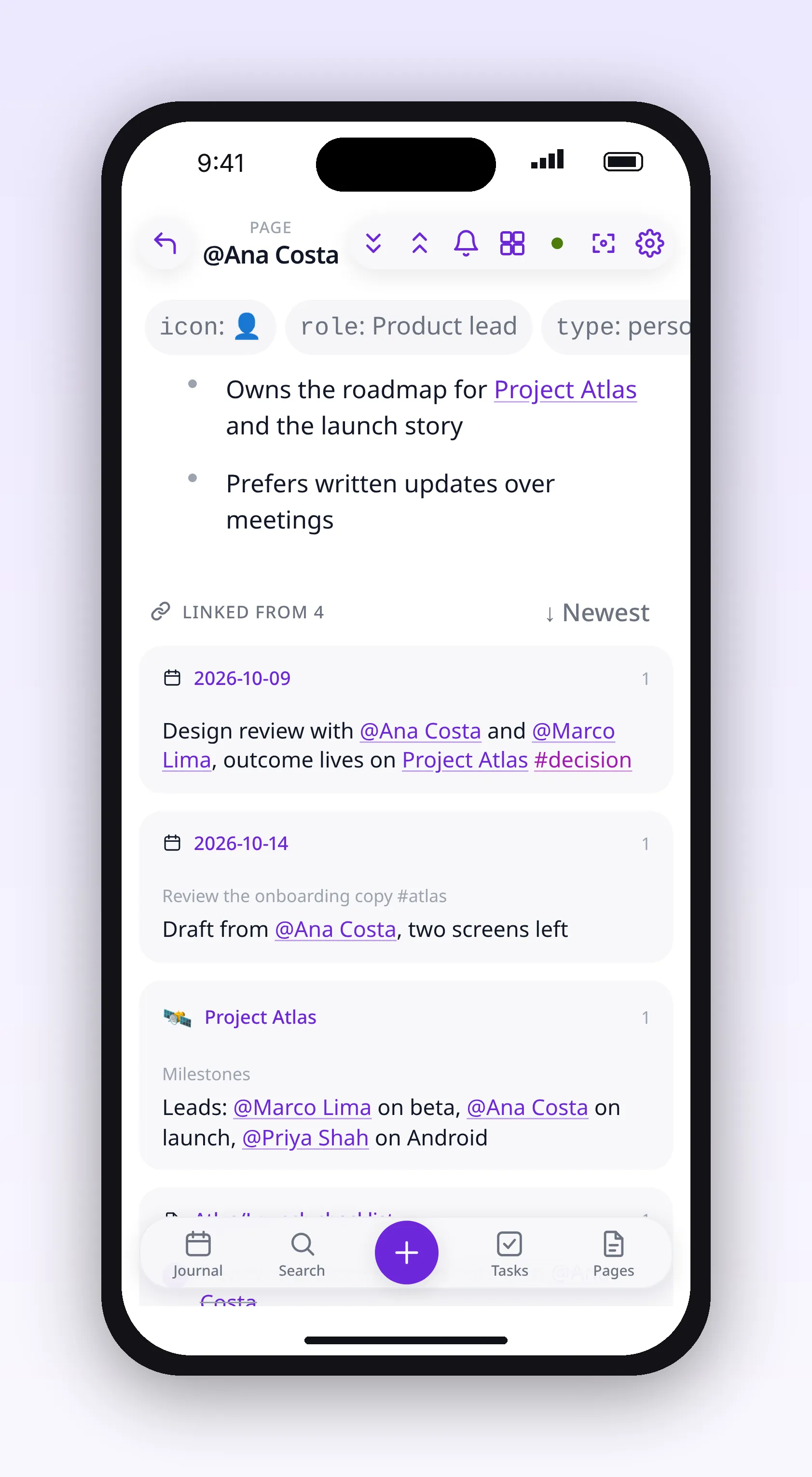 a person page listing the blocks that link to it, in outl on the iOS app