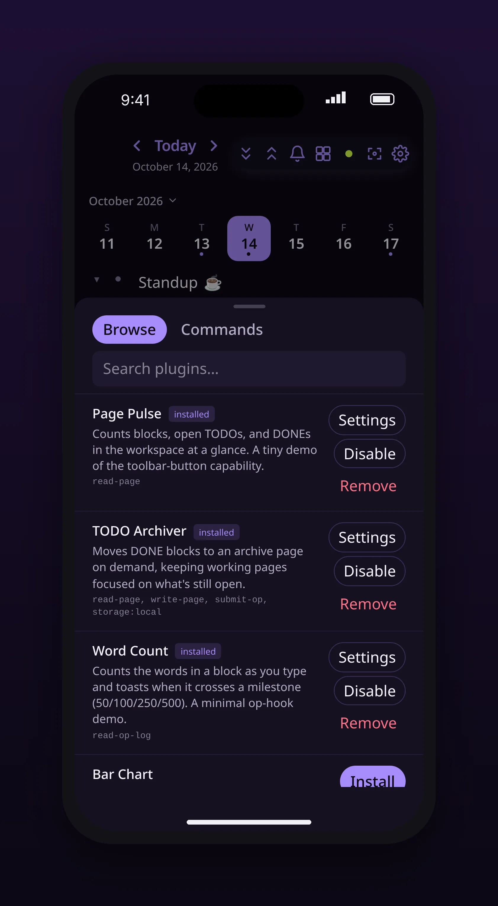 the plugin marketplace listing plugins with their install state, in outl on the iOS app
