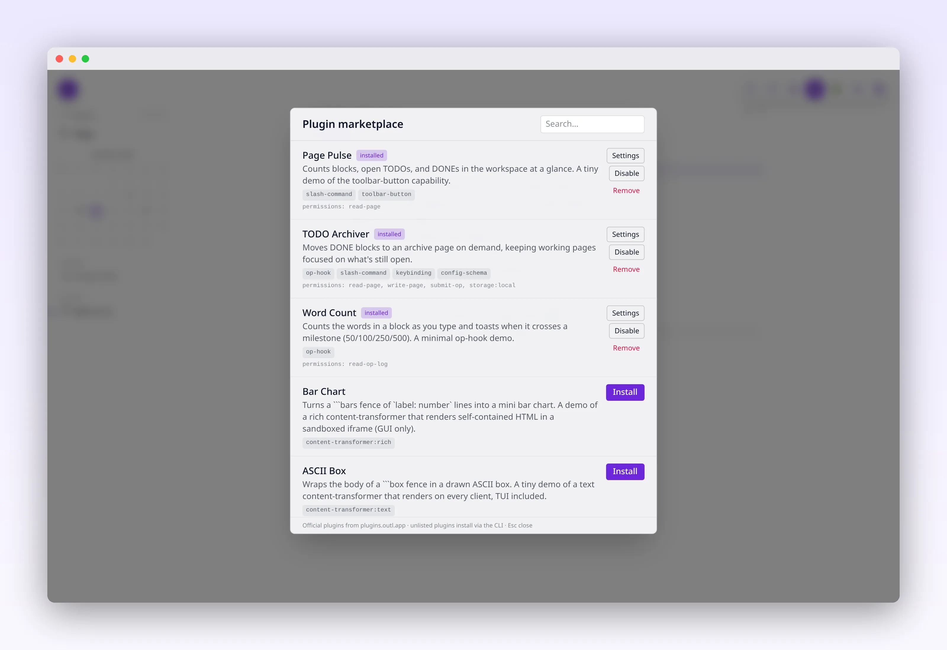 the plugin marketplace listing plugins with their install state, in outl on the macOS desktop app