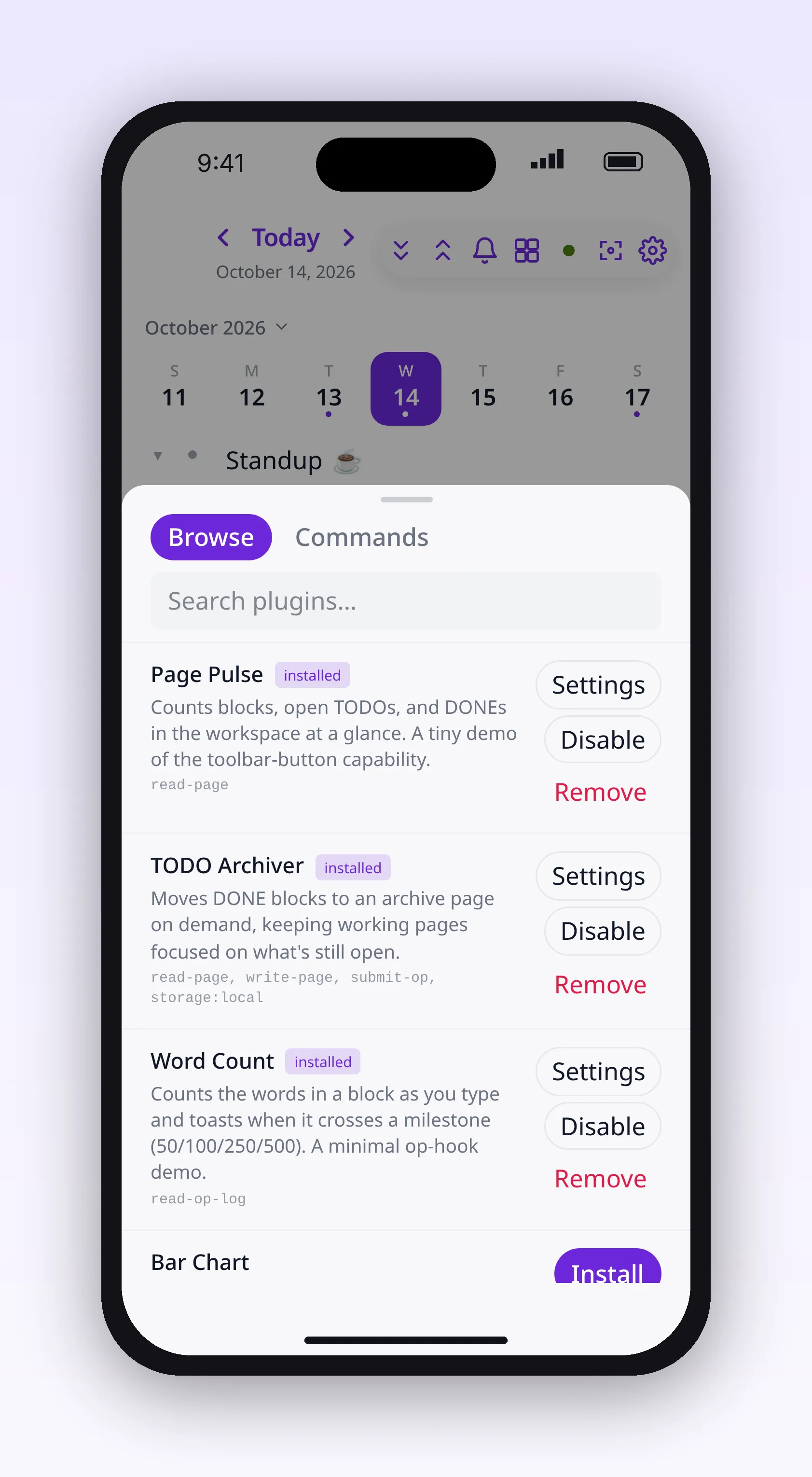 the plugin marketplace listing plugins with their install state, in outl on the iOS app