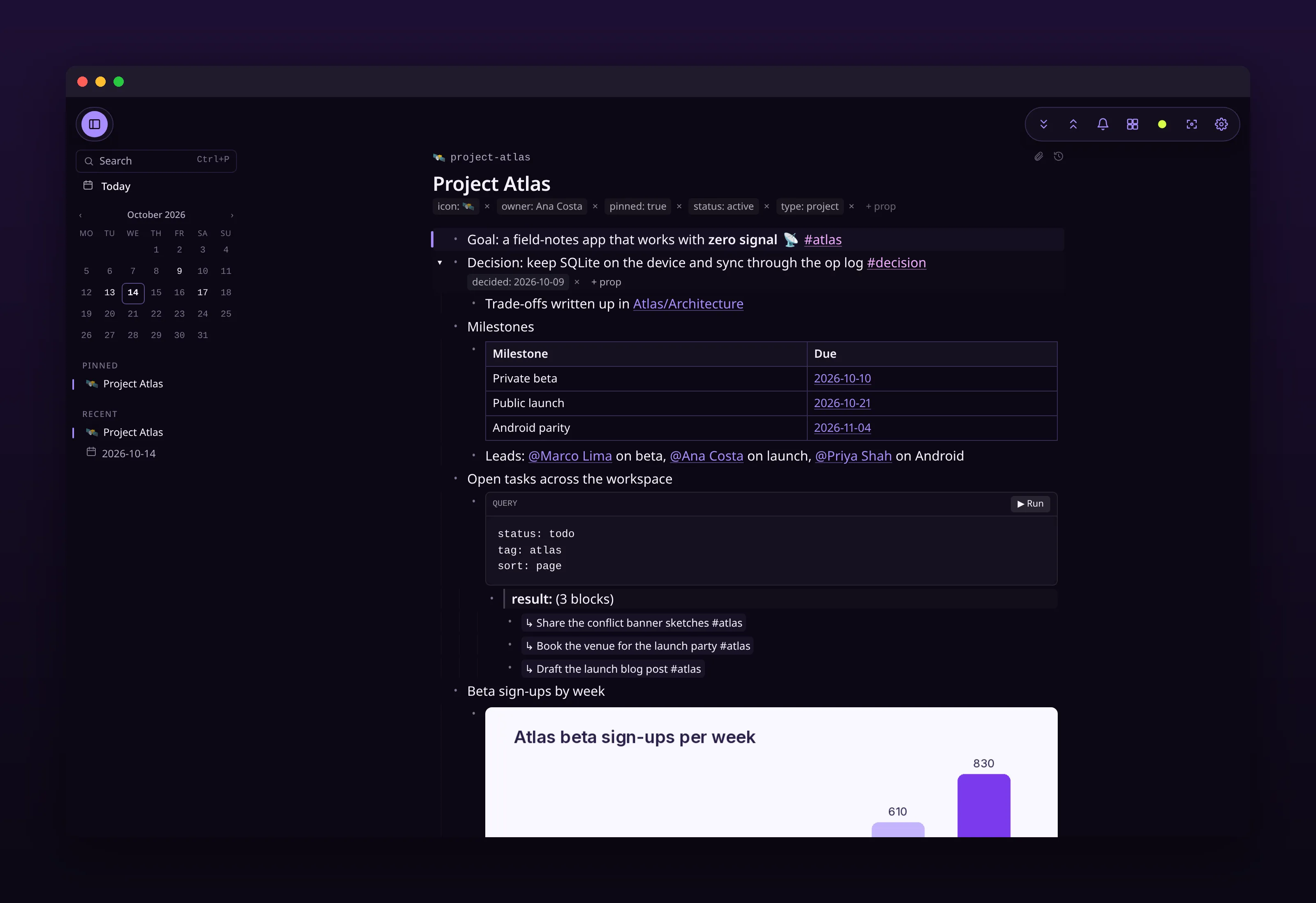 a project page with properties, a milestone table and an inline query, in outl on the macOS desktop app