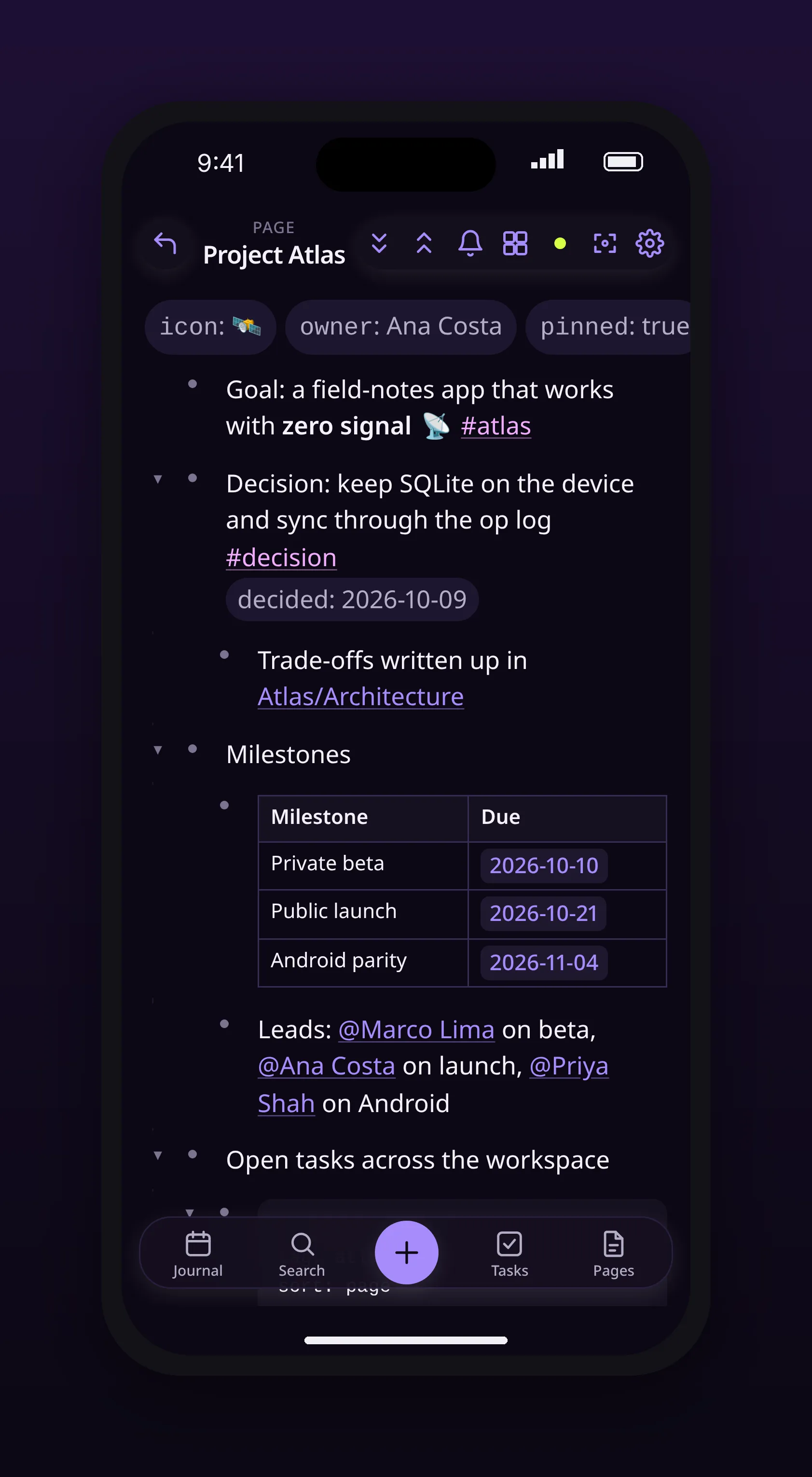 a project page with properties, a milestone table and an inline query, in outl on the iOS app