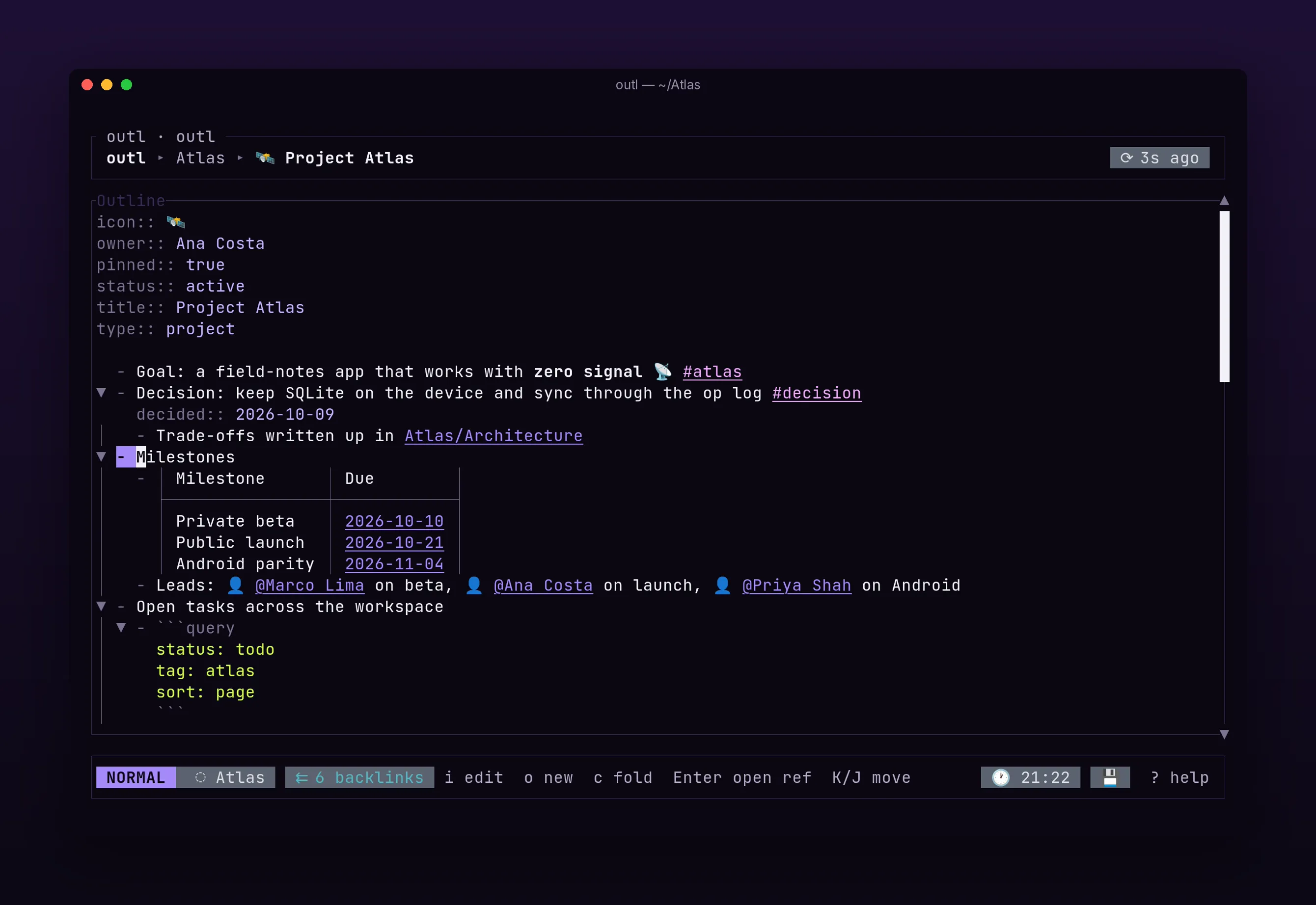 a project page with properties, a milestone table and an inline query, in outl on the terminal UI