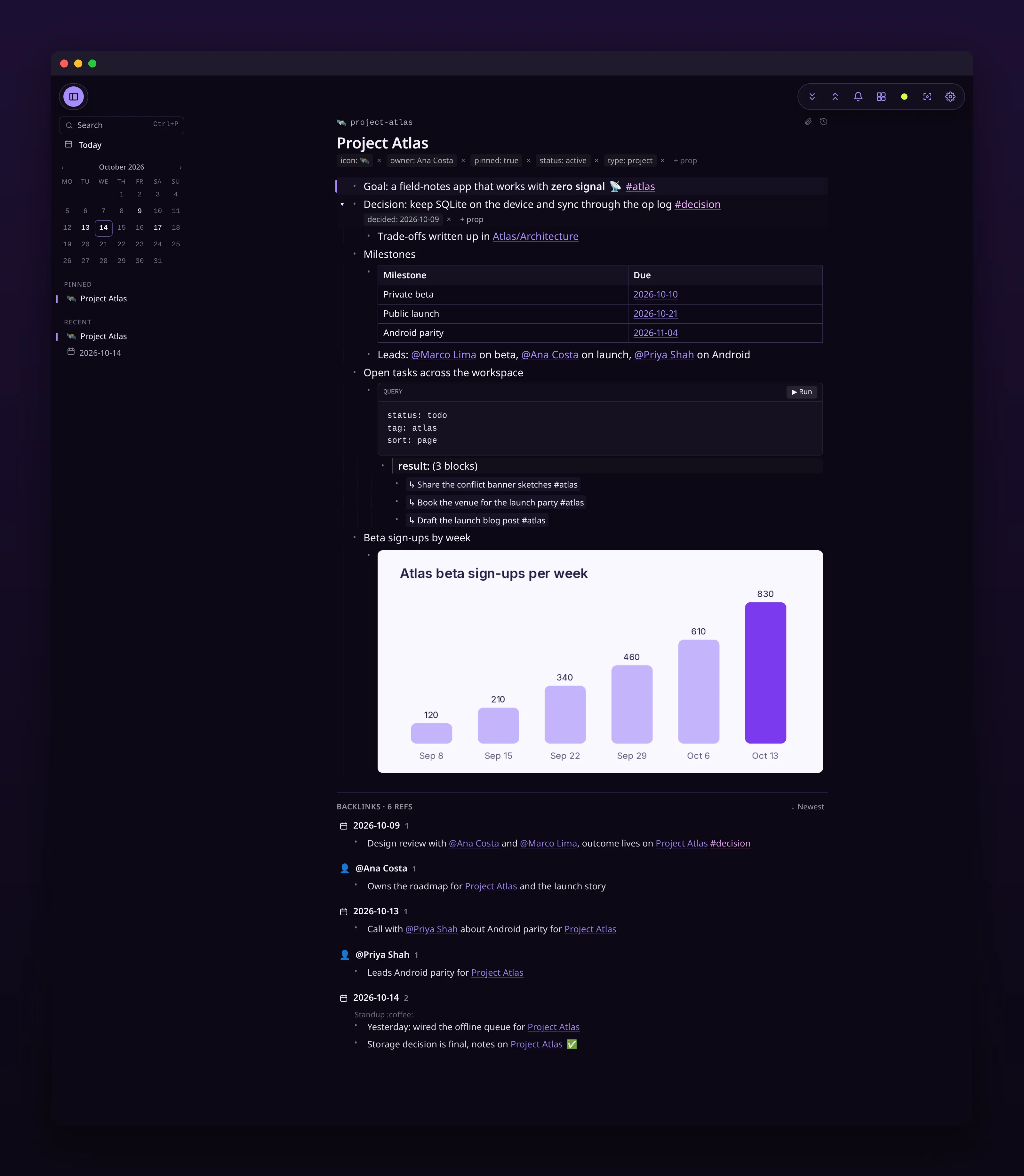 a full project page from title to chart, in outl on the macOS desktop app