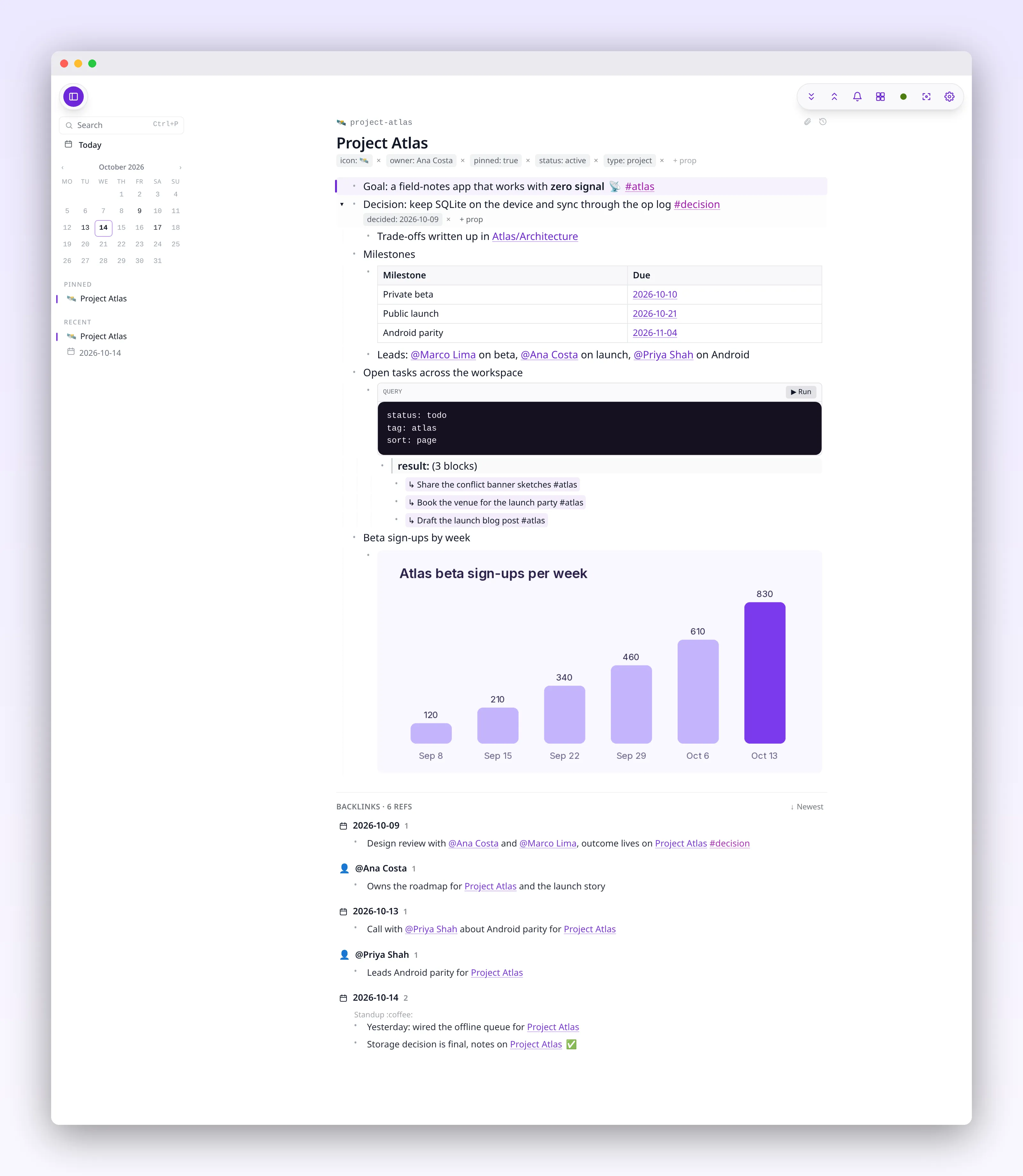a full project page from title to chart, in outl on the macOS desktop app