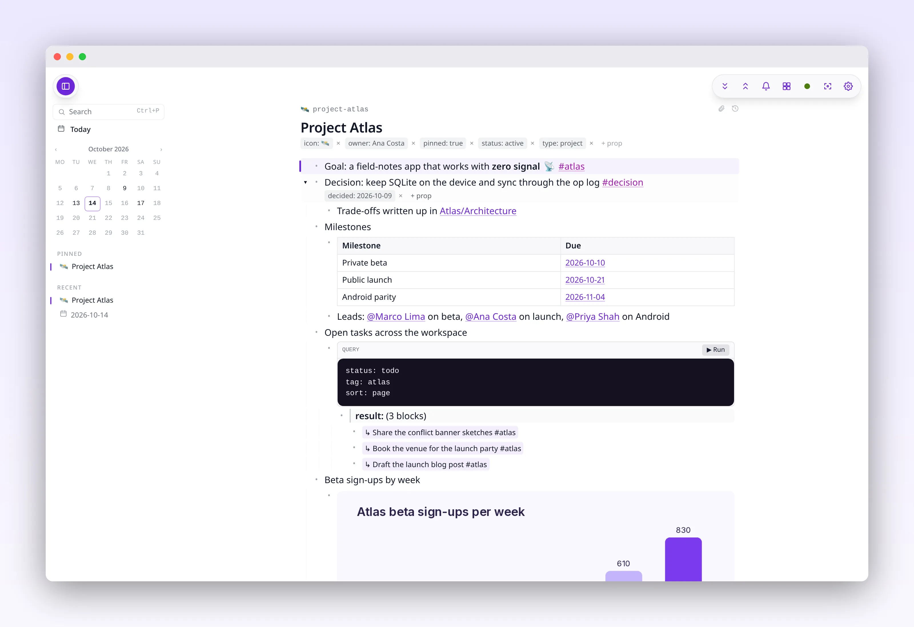 a project page with properties, a milestone table and an inline query, in outl on the macOS desktop app