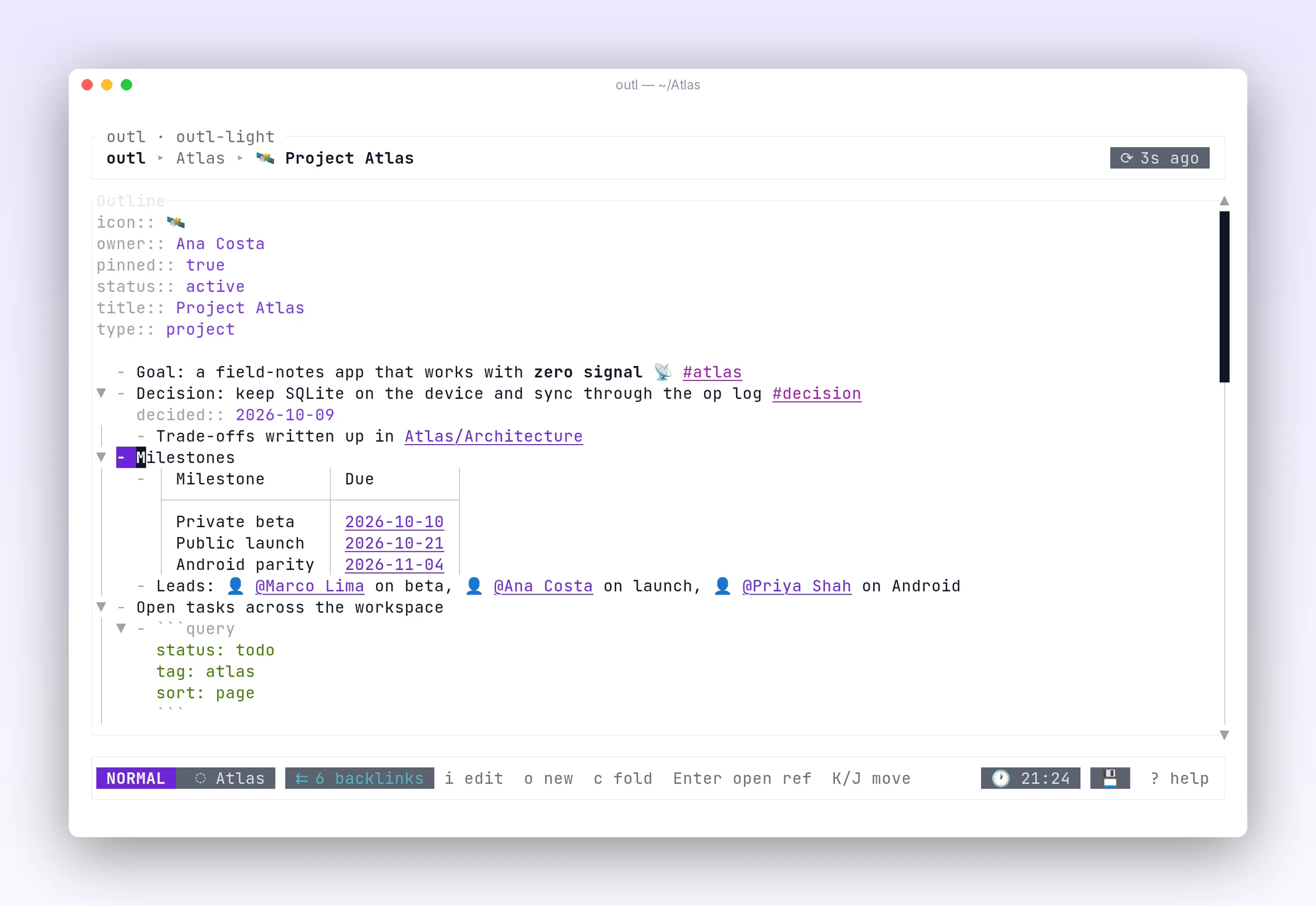 a project page with properties, a milestone table and an inline query, in outl on the terminal UI