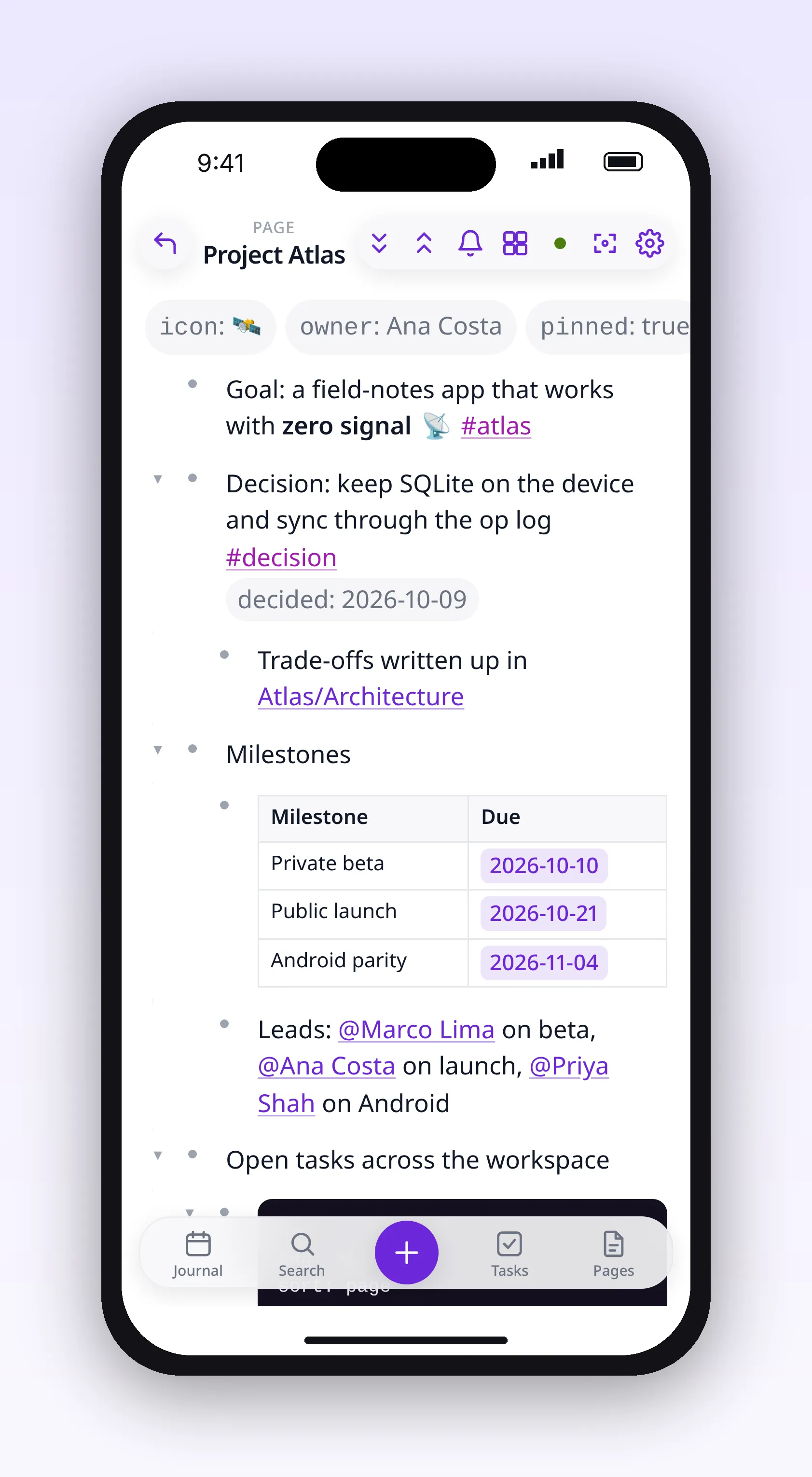 a project page with properties, a milestone table and an inline query, in outl on the iOS app