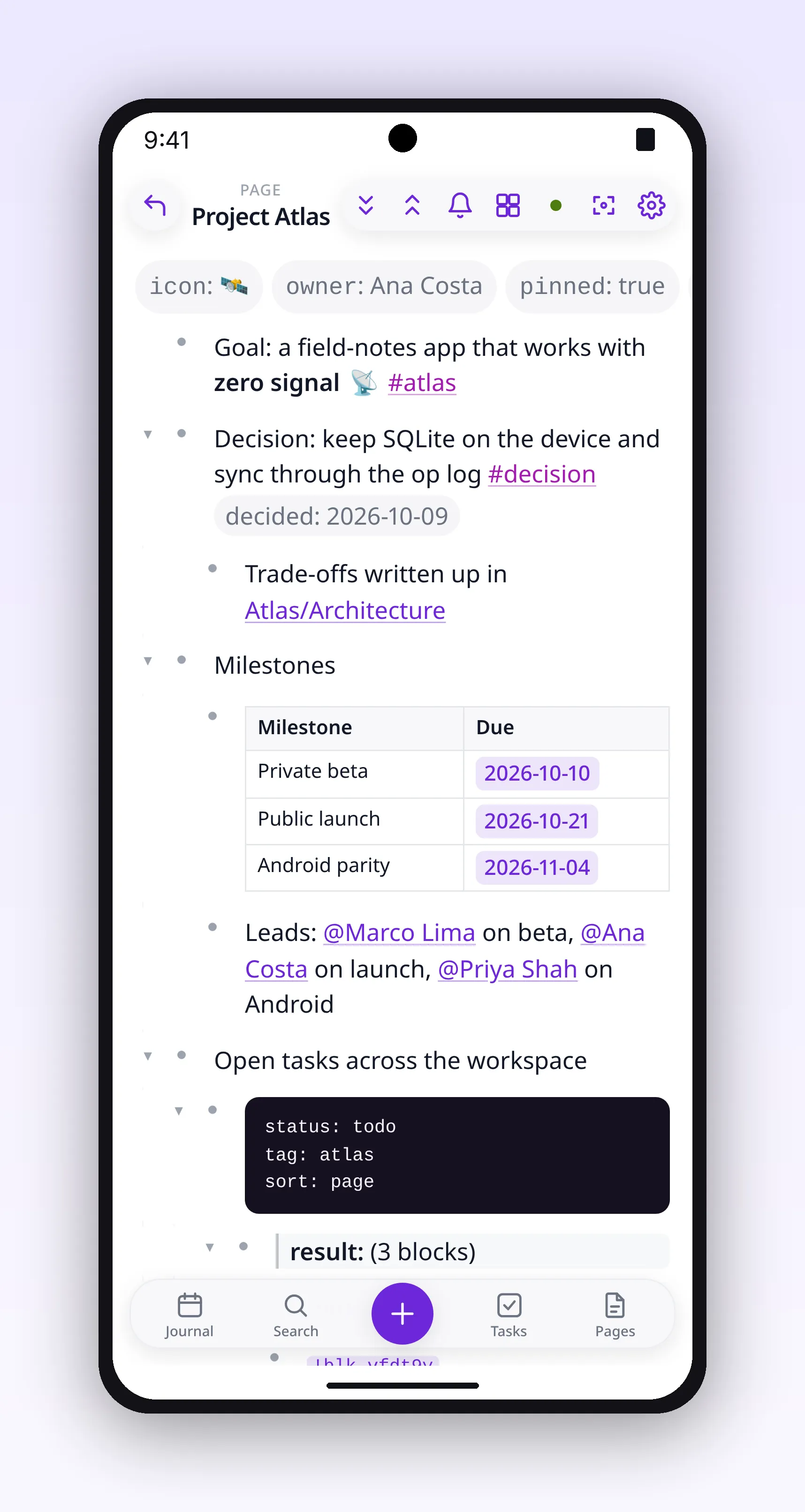 a project page with properties, a milestone table and an inline query, in outl on the Android app