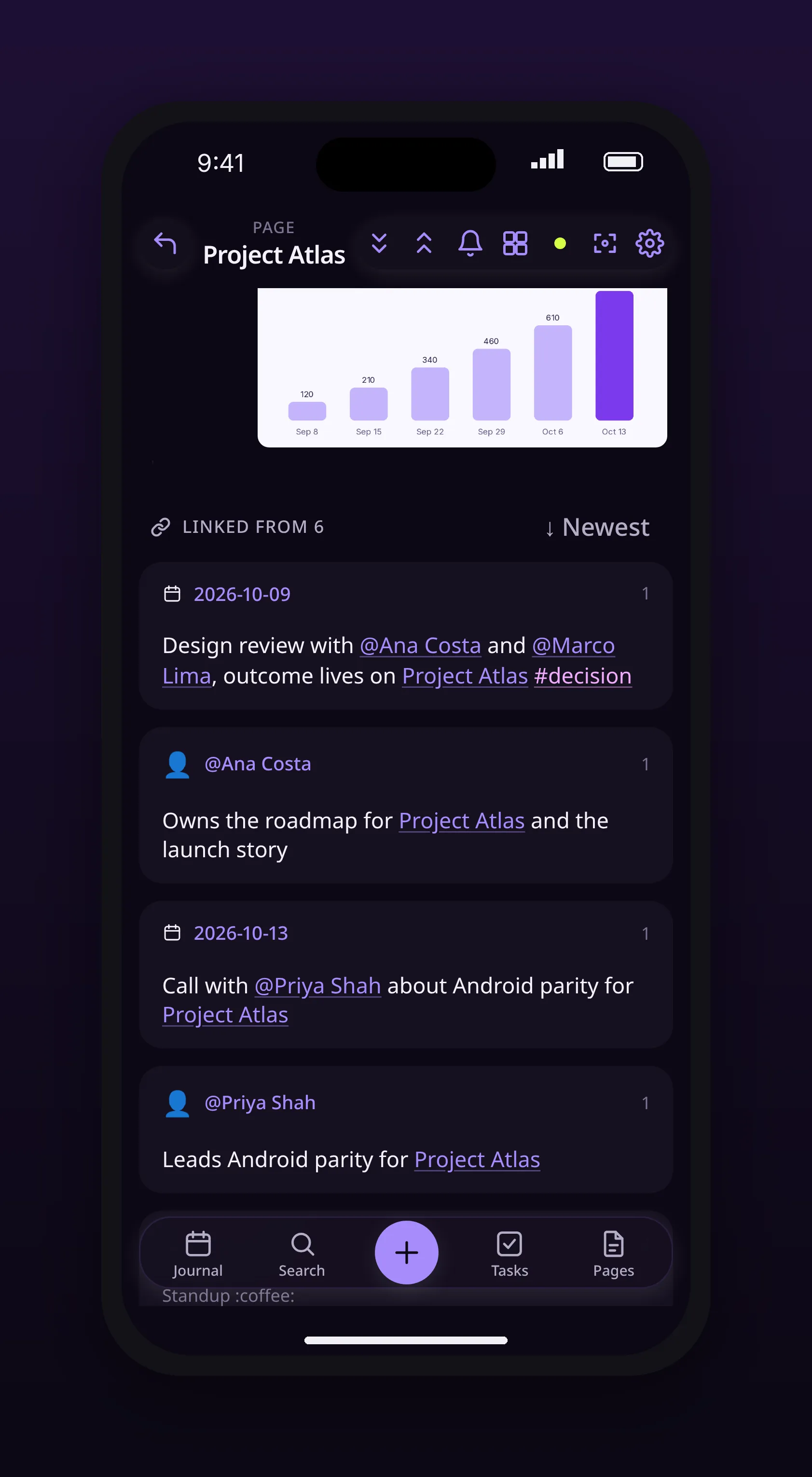 a project page scrolled to a rendered bar chart, in outl on the iOS app