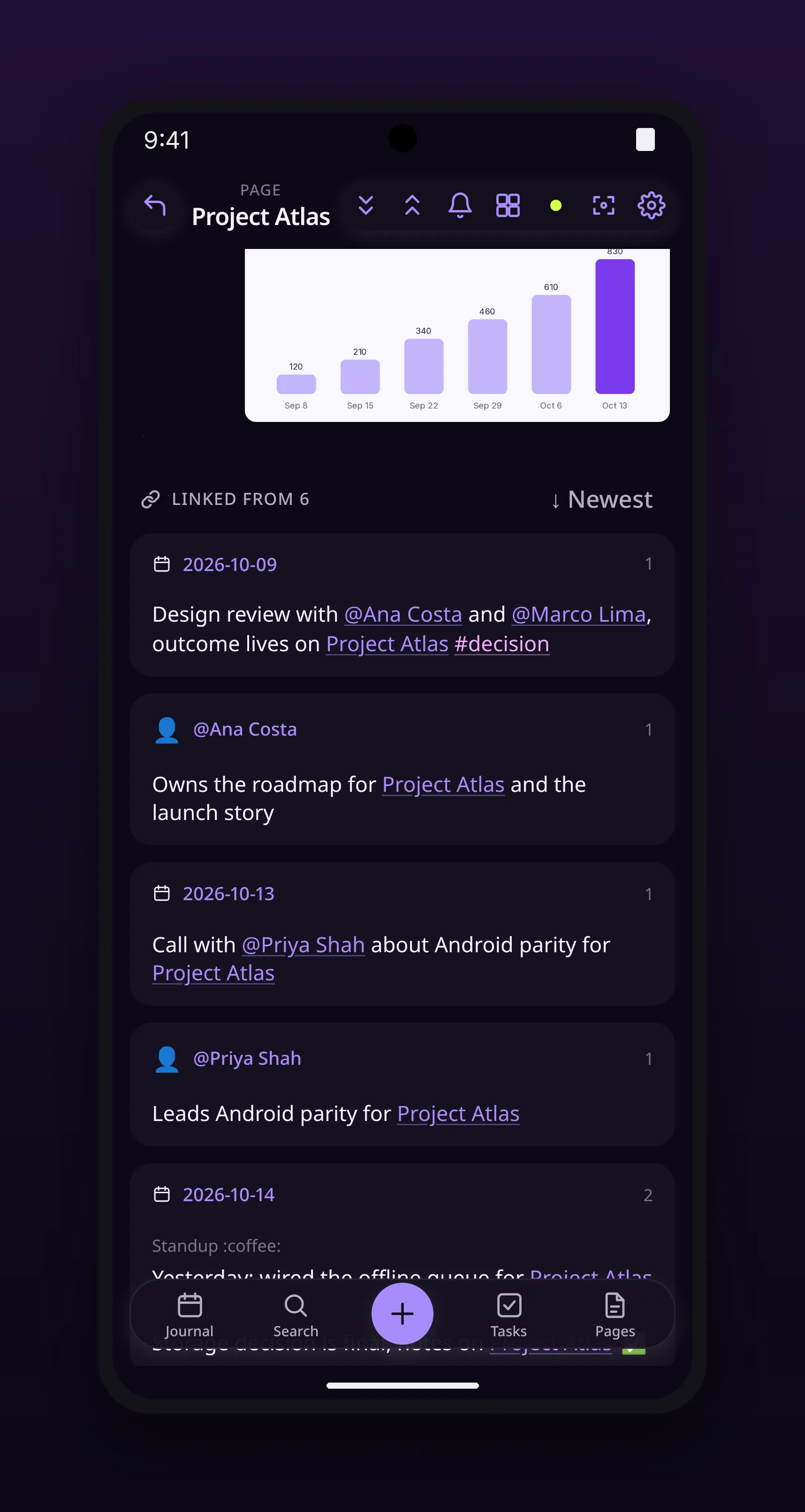 a project page scrolled to a rendered bar chart, in outl on the Android app