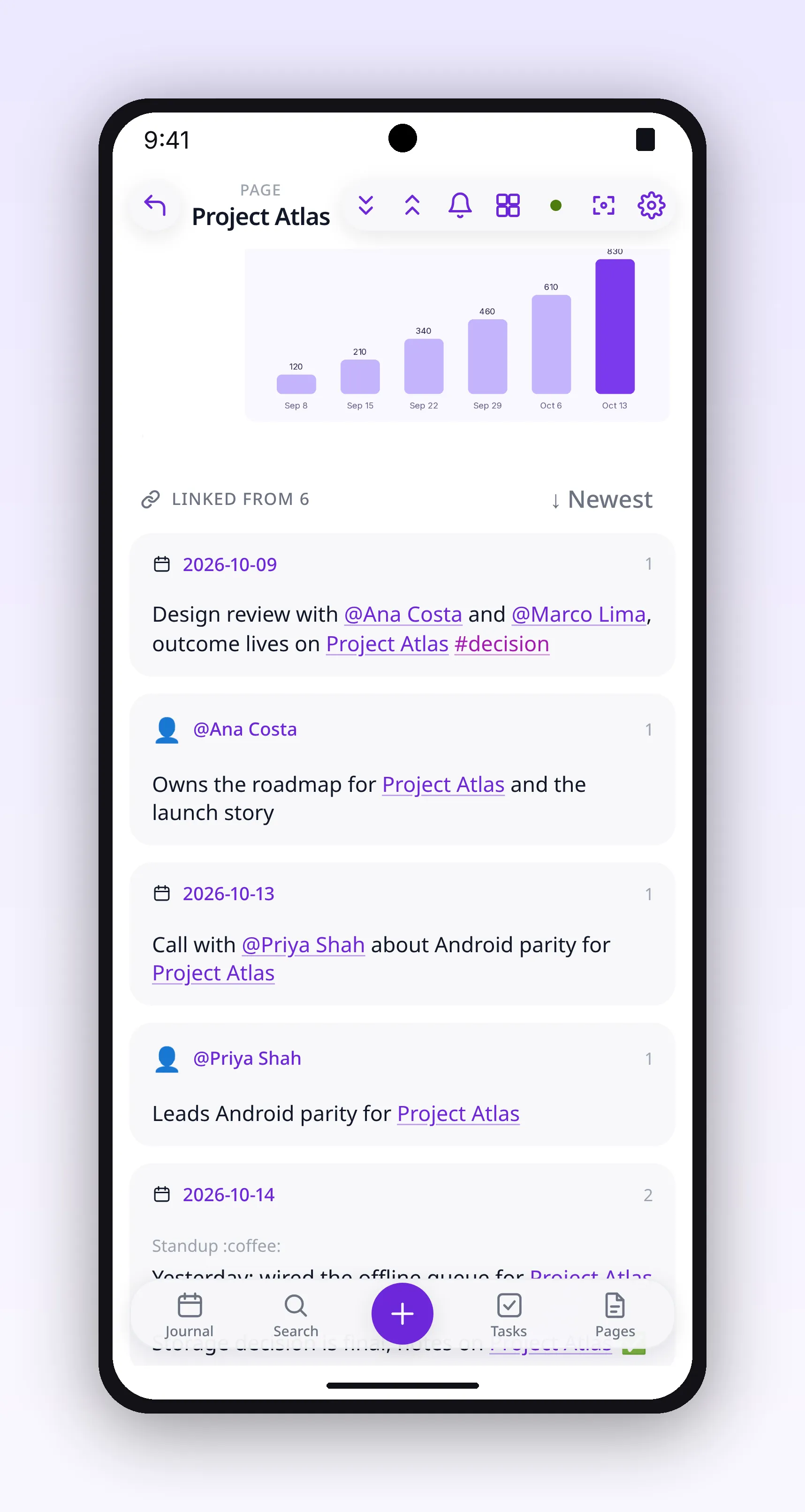 a project page scrolled to a rendered bar chart, in outl on the Android app
