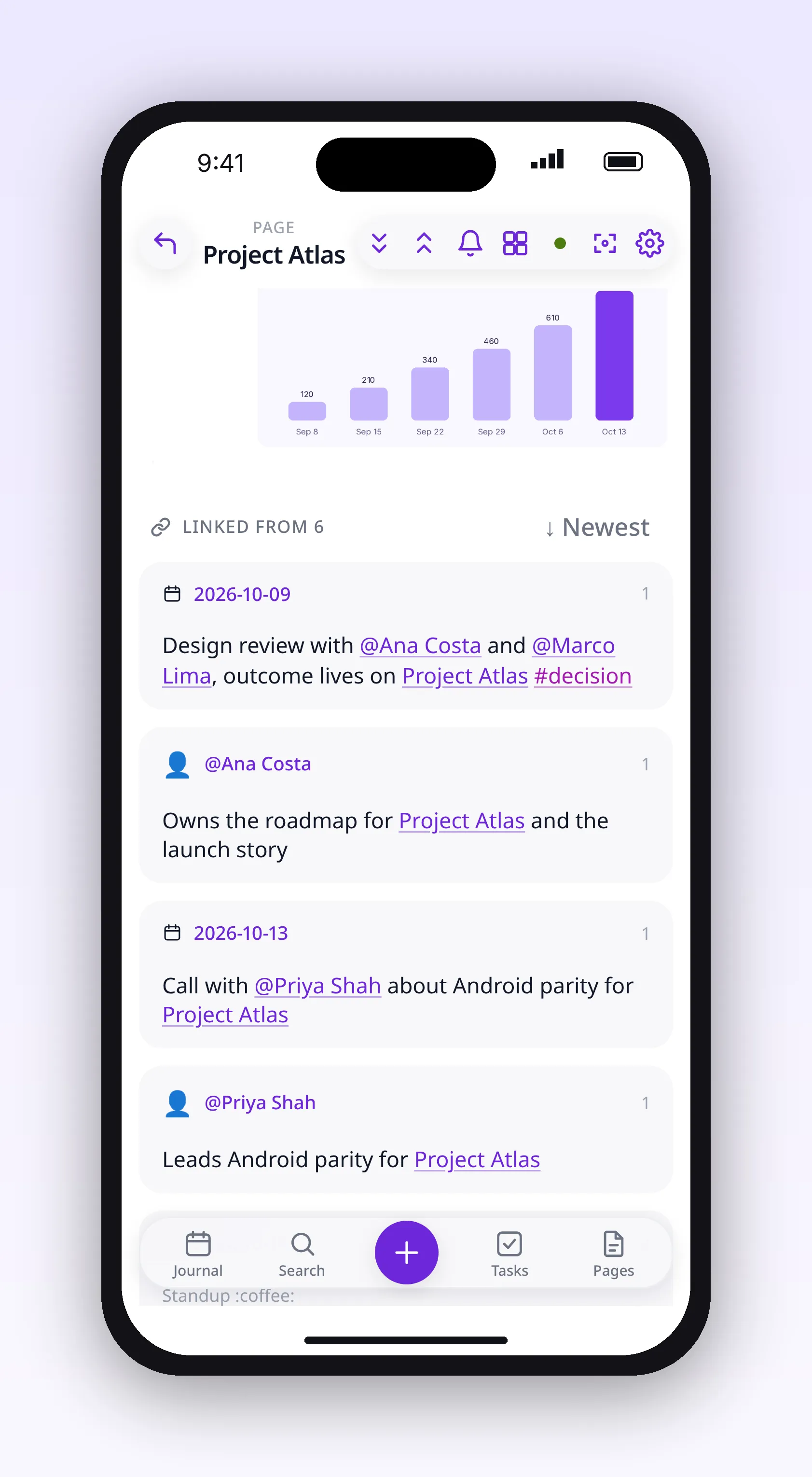 a project page scrolled to a rendered bar chart, in outl on the iOS app