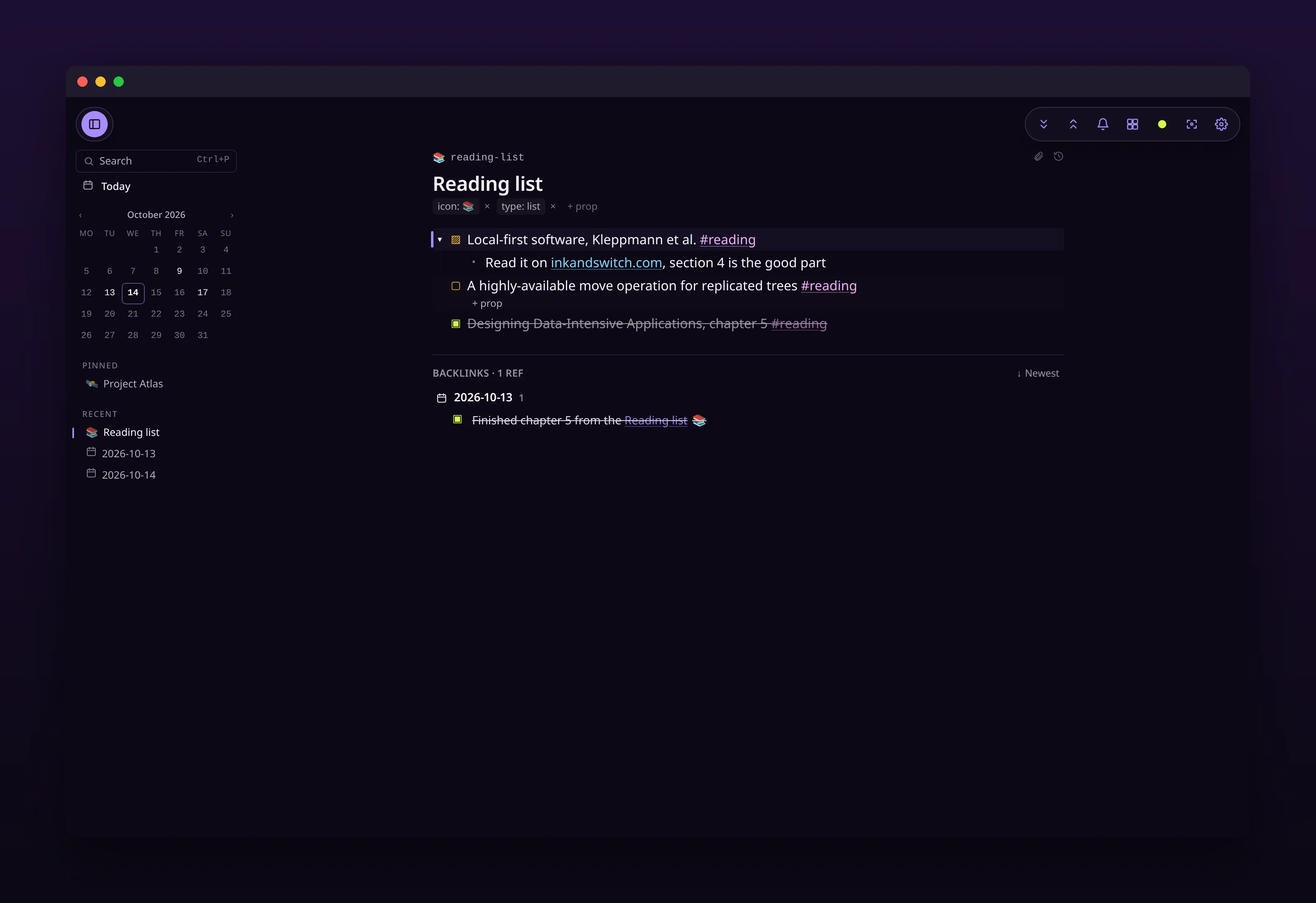 a reading list page with external links and references, in outl on the macOS desktop app