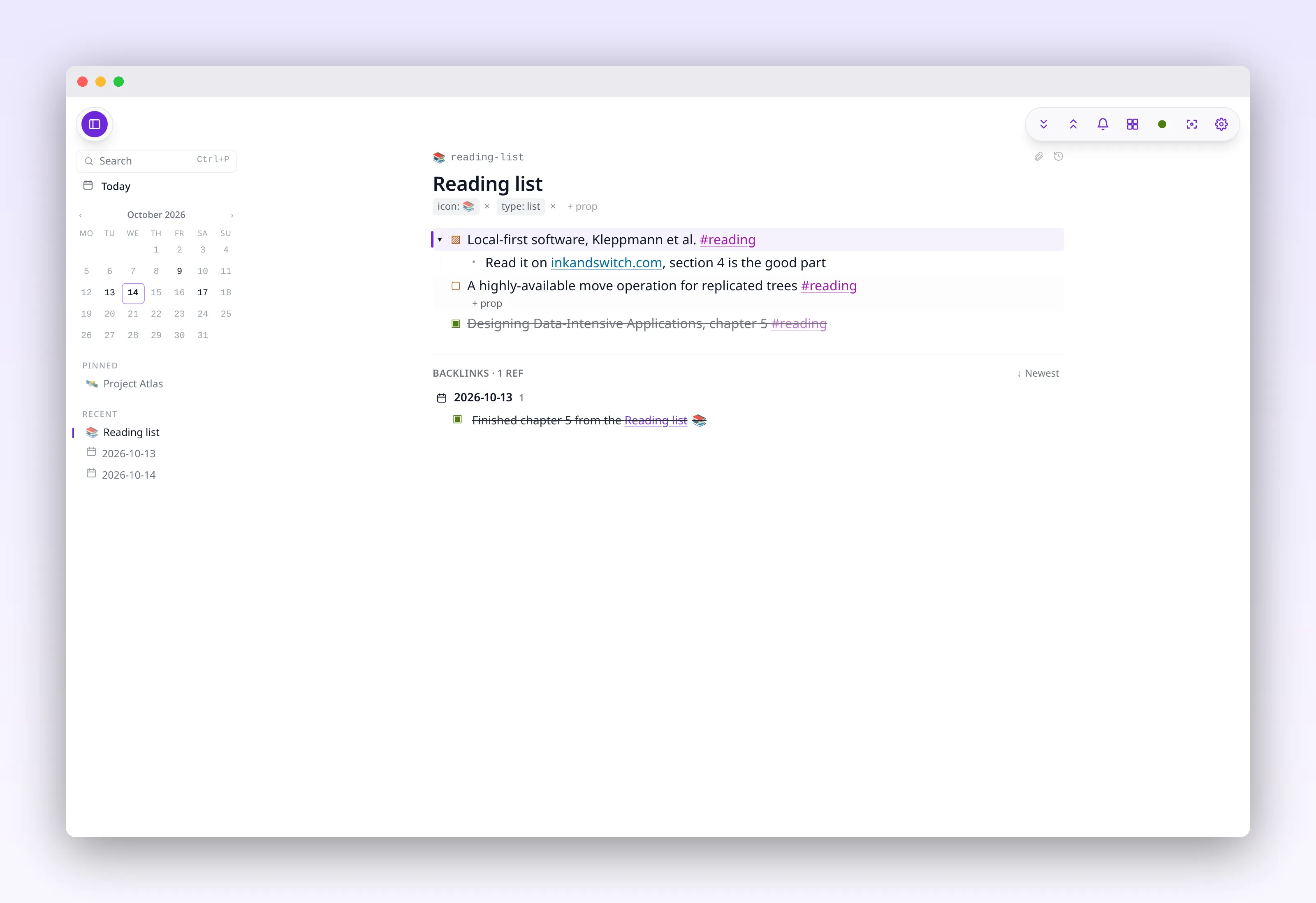 a reading list page with external links and references, in outl on the macOS desktop app