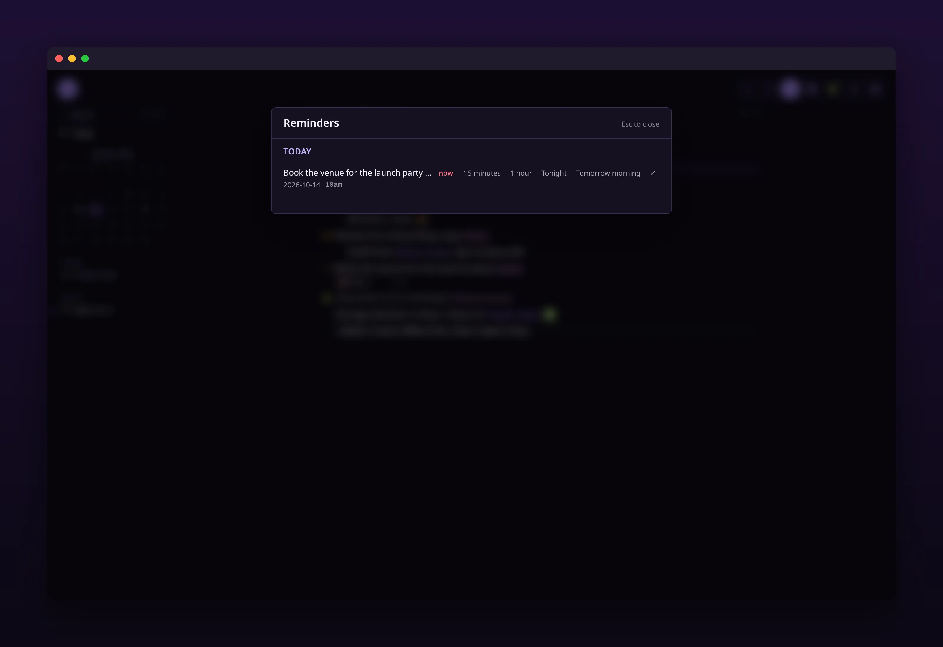 a reminder with snooze and done actions, in outl on the macOS desktop app