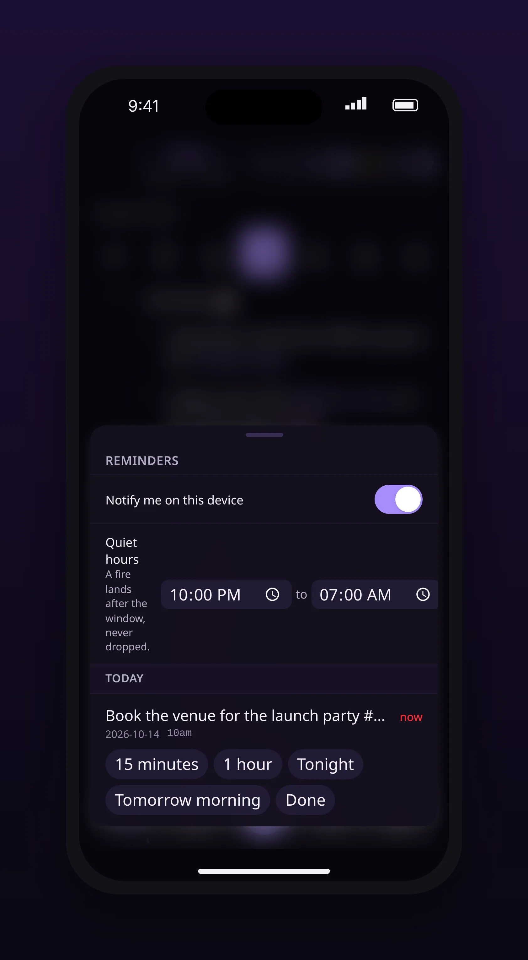 a reminder with snooze and done actions, in outl on the iOS app