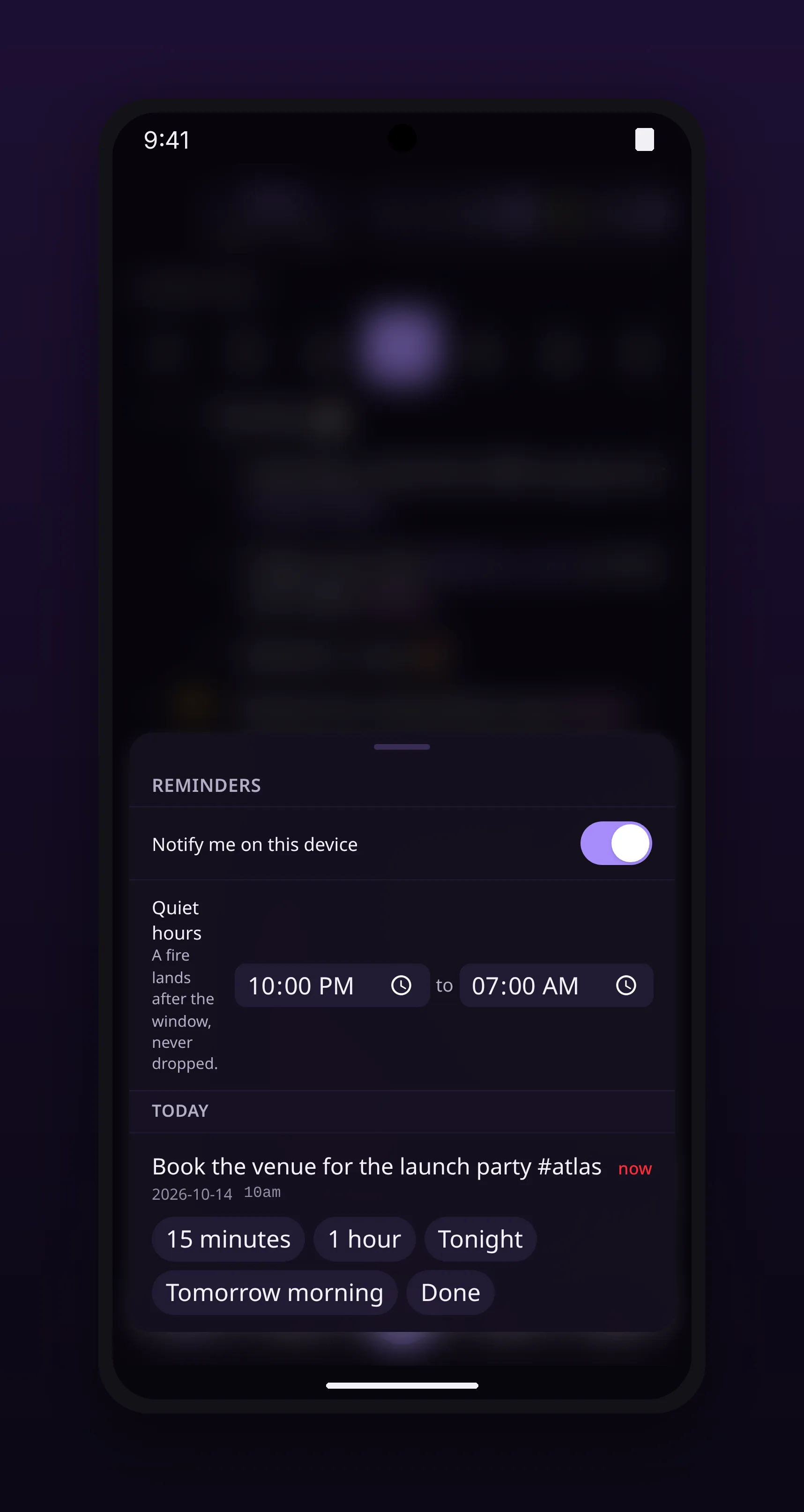a reminder with snooze and done actions, in outl on the Android app