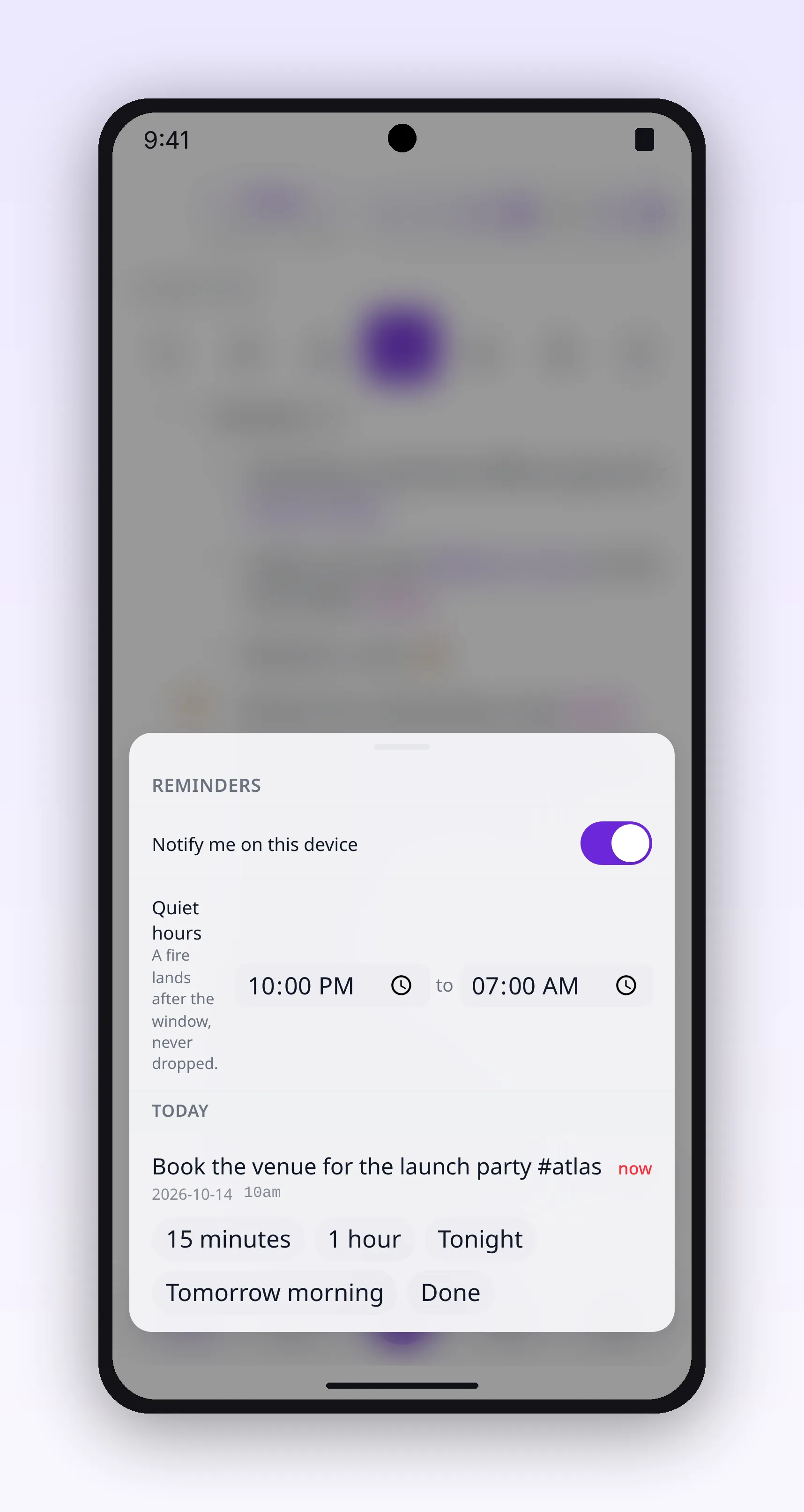 a reminder with snooze and done actions, in outl on the Android app