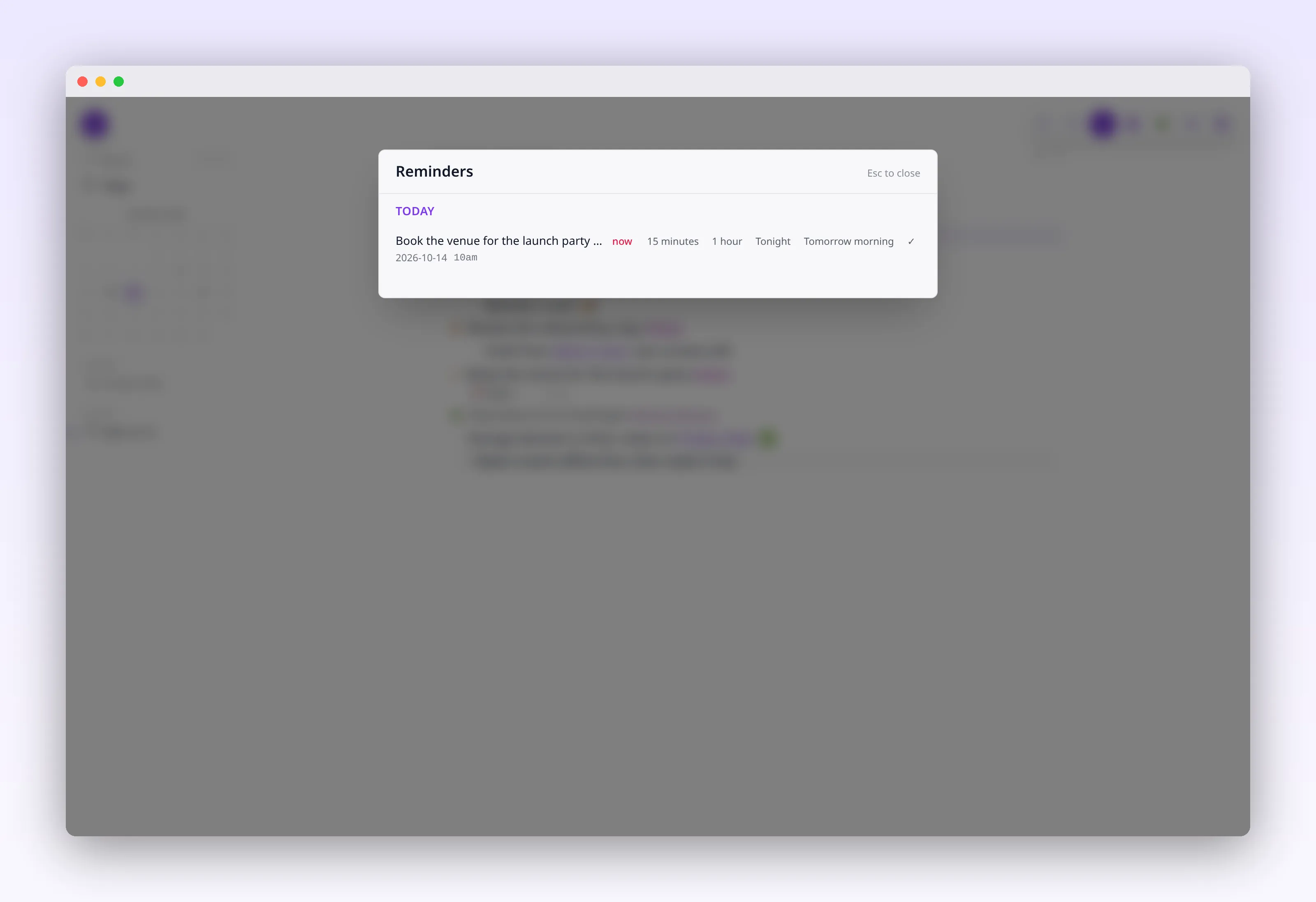 a reminder with snooze and done actions, in outl on the macOS desktop app