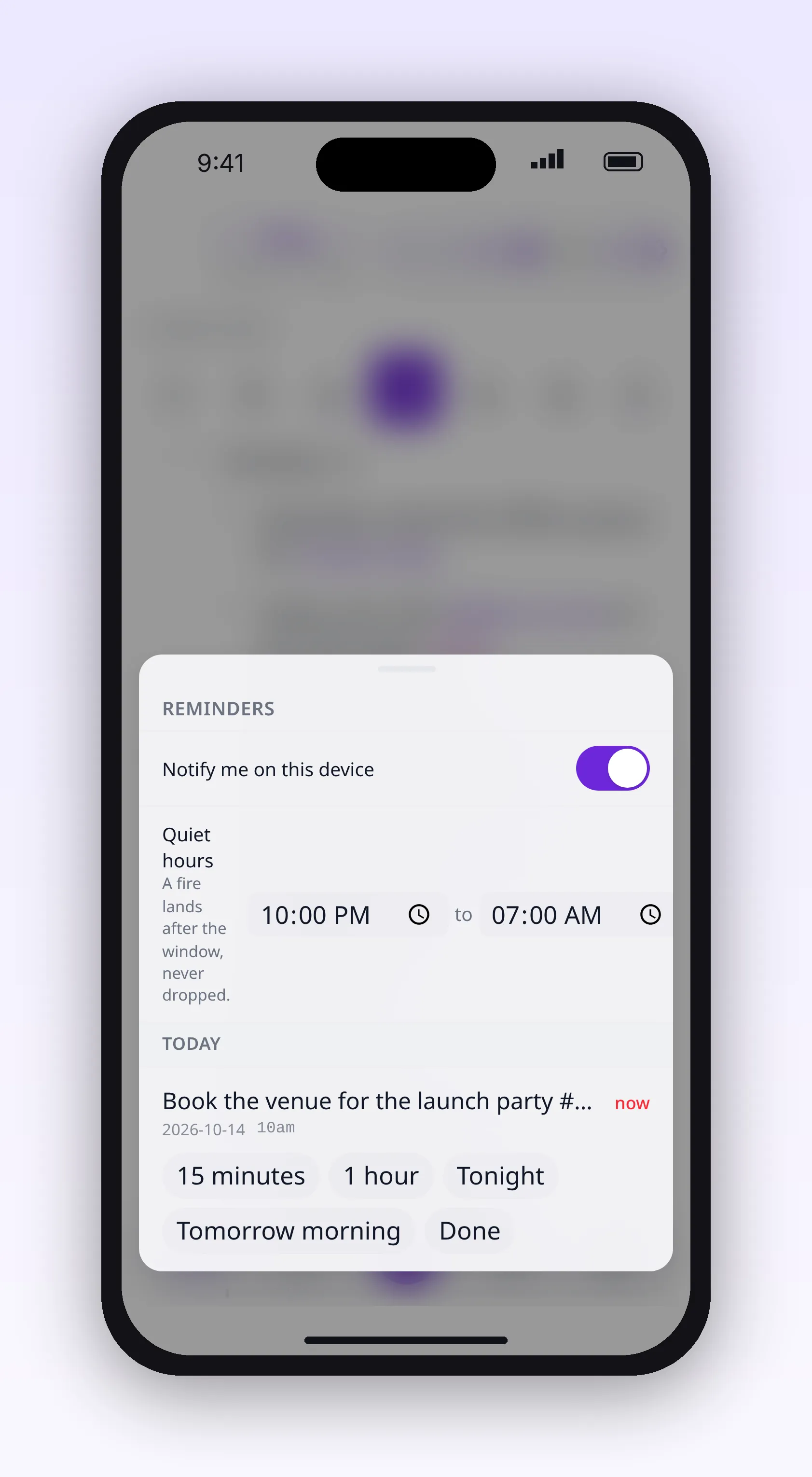 a reminder with snooze and done actions, in outl on the iOS app