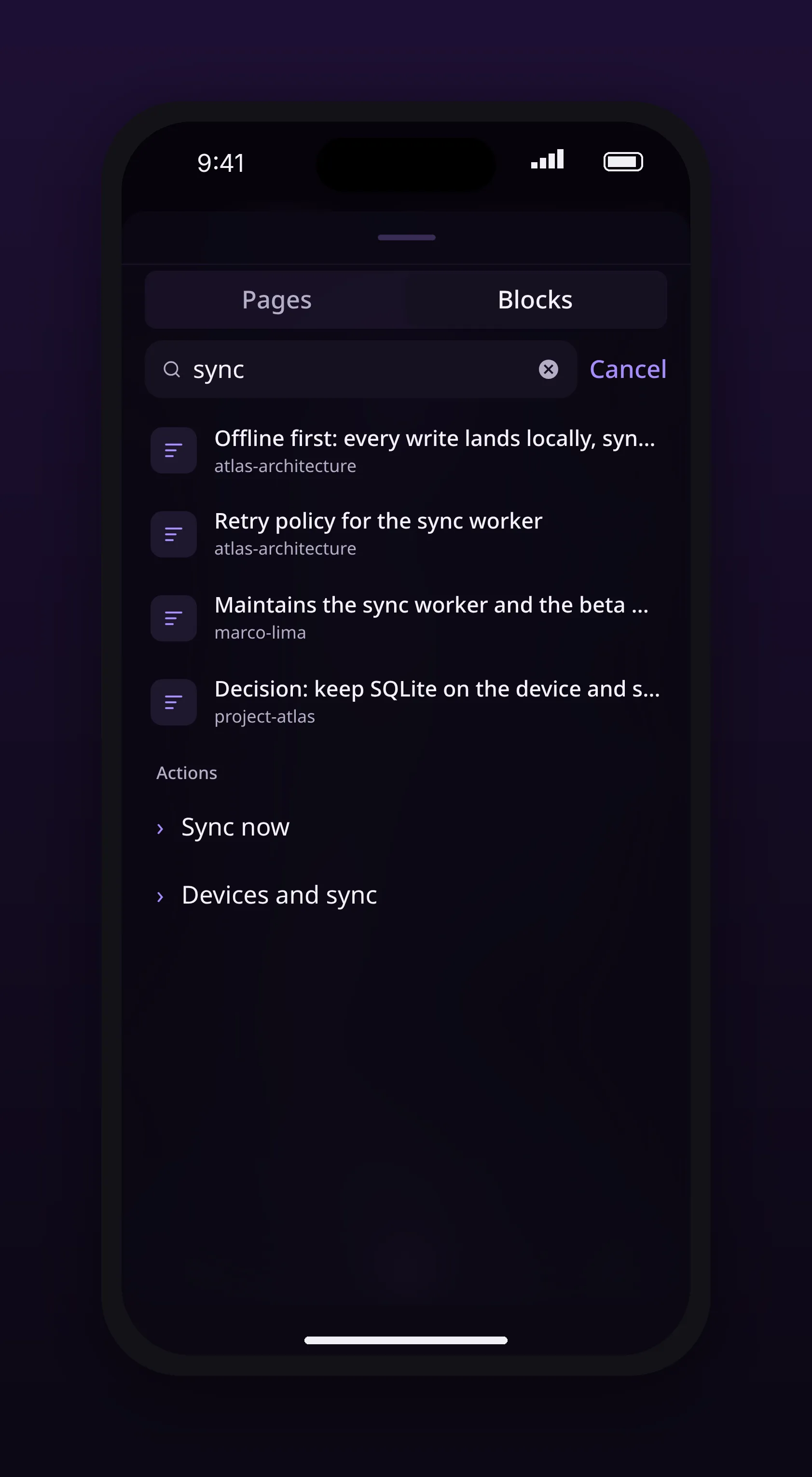 search with the blocks tab active, matching text inside the outline, in outl on the iOS app