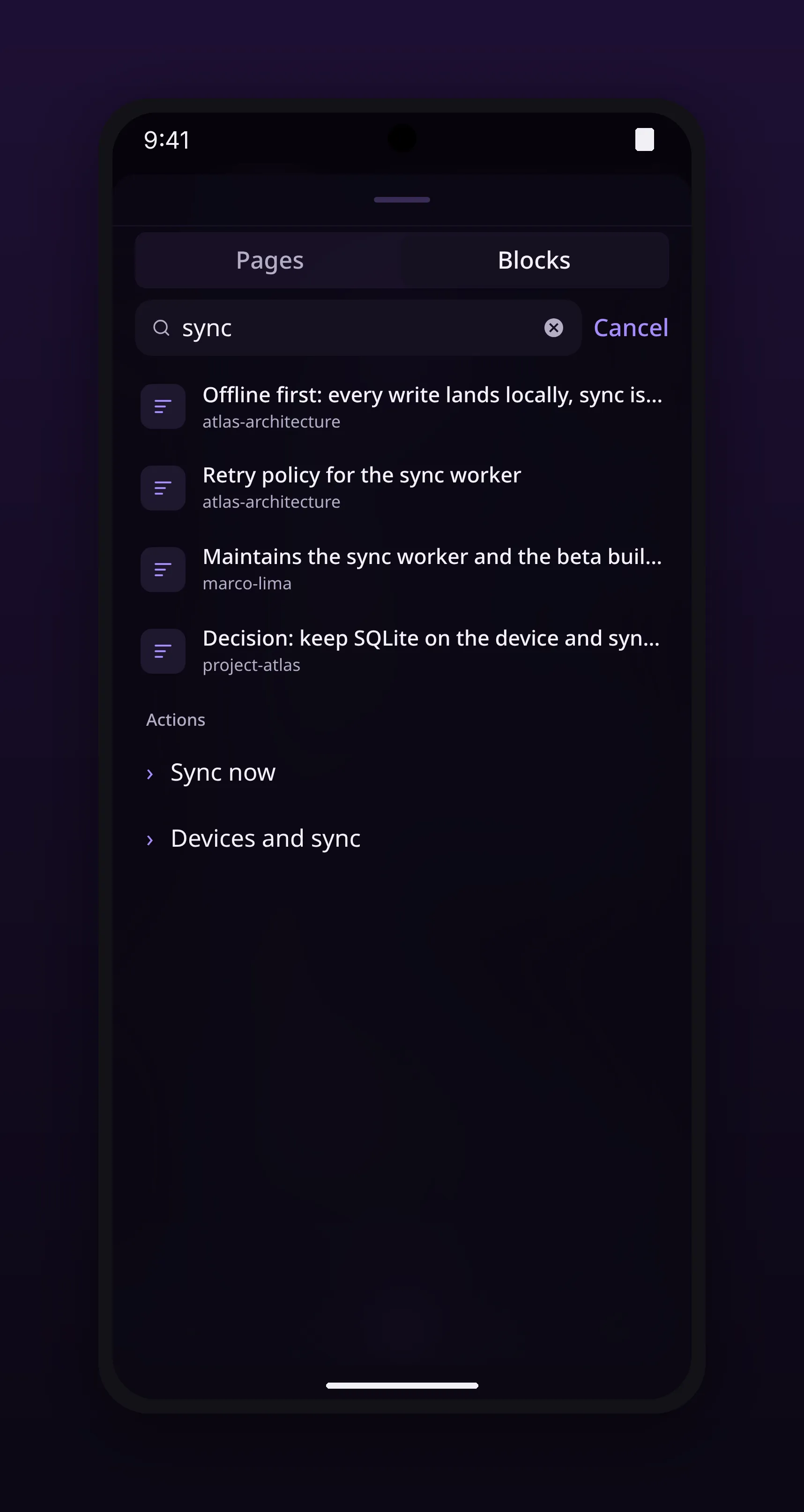 search with the blocks tab active, matching text inside the outline, in outl on the Android app