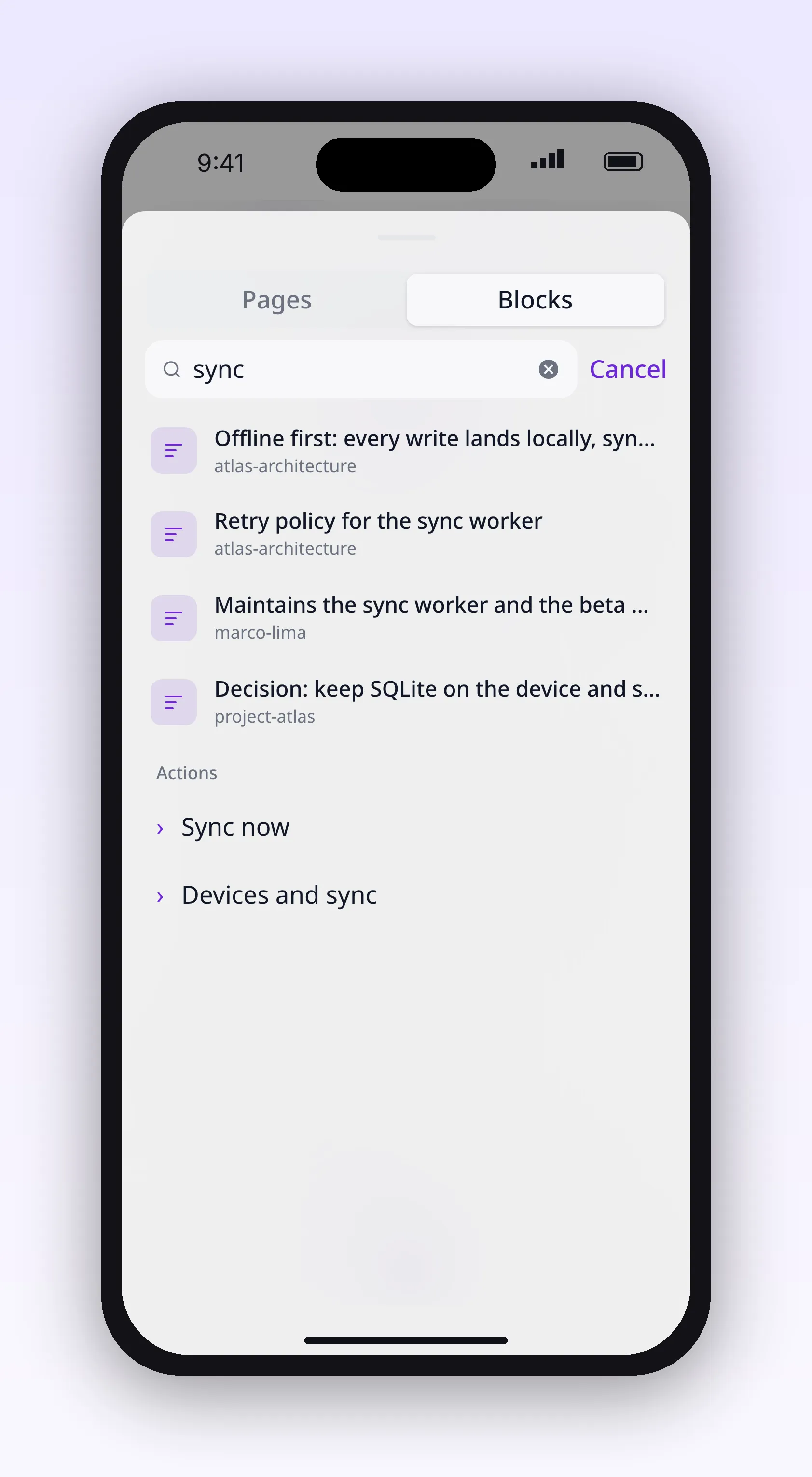 search with the blocks tab active, matching text inside the outline, in outl on the iOS app