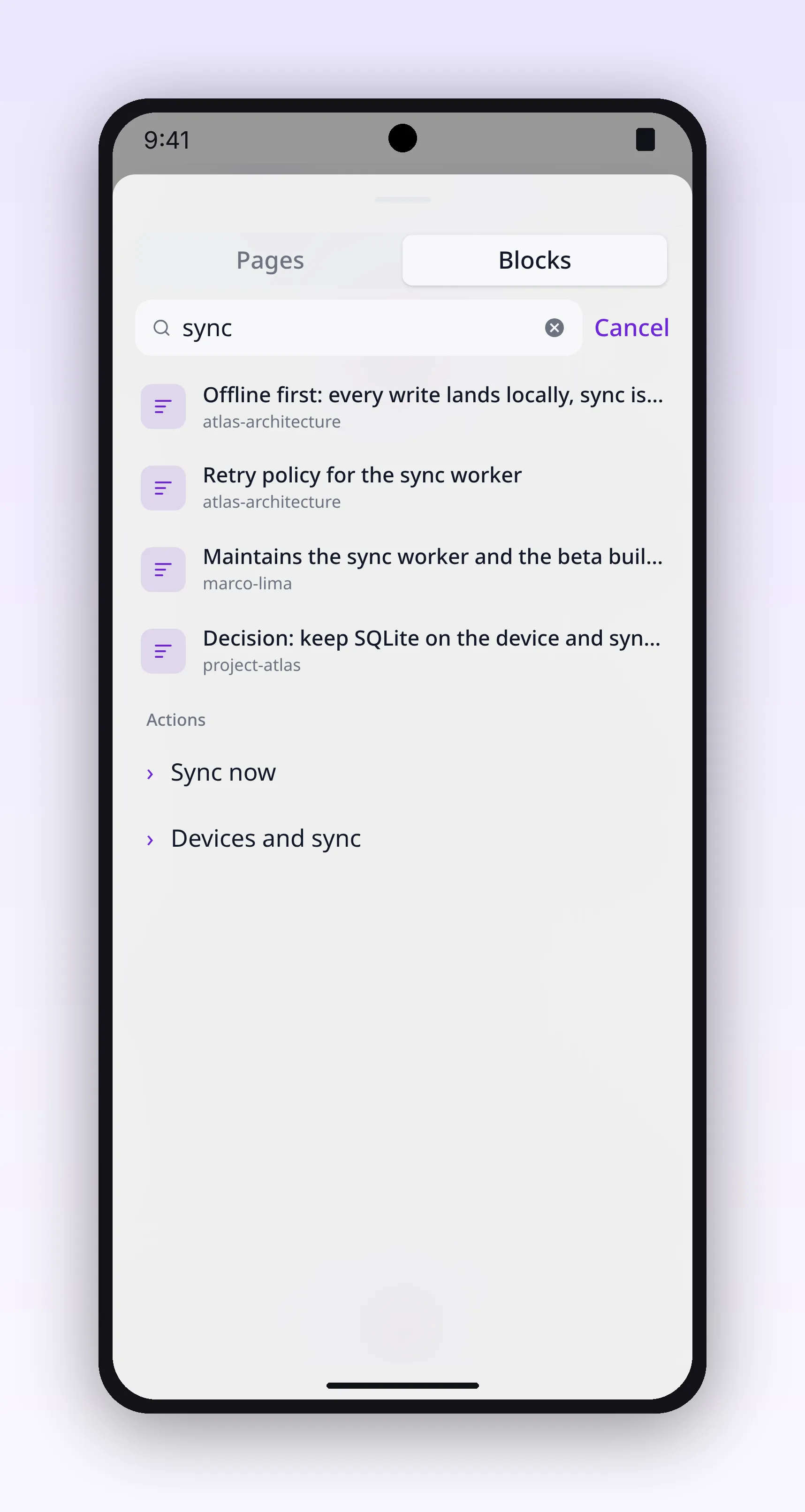 search with the blocks tab active, matching text inside the outline, in outl on the Android app