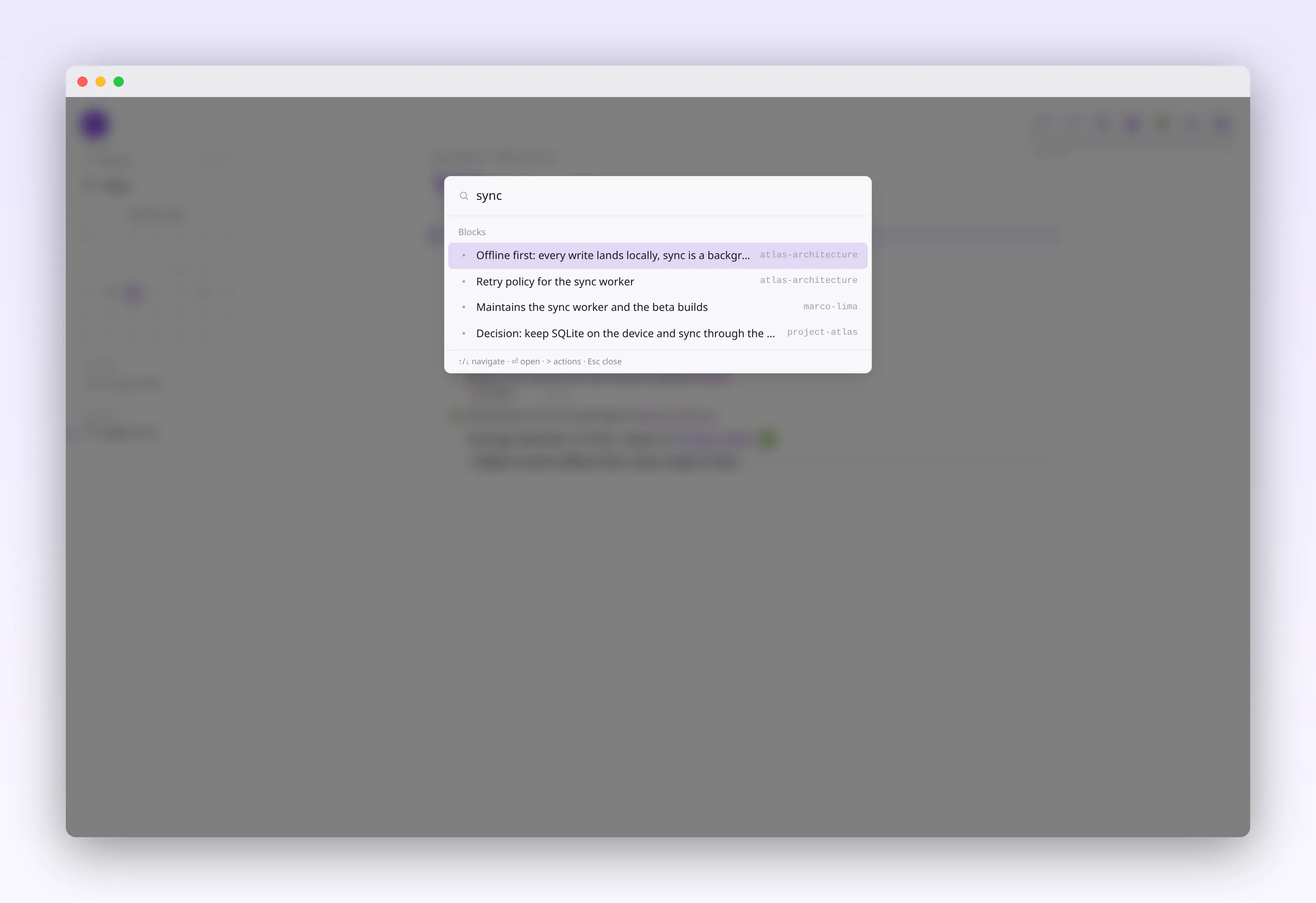 workspace search showing matching pages and blocks, in outl on the macOS desktop app