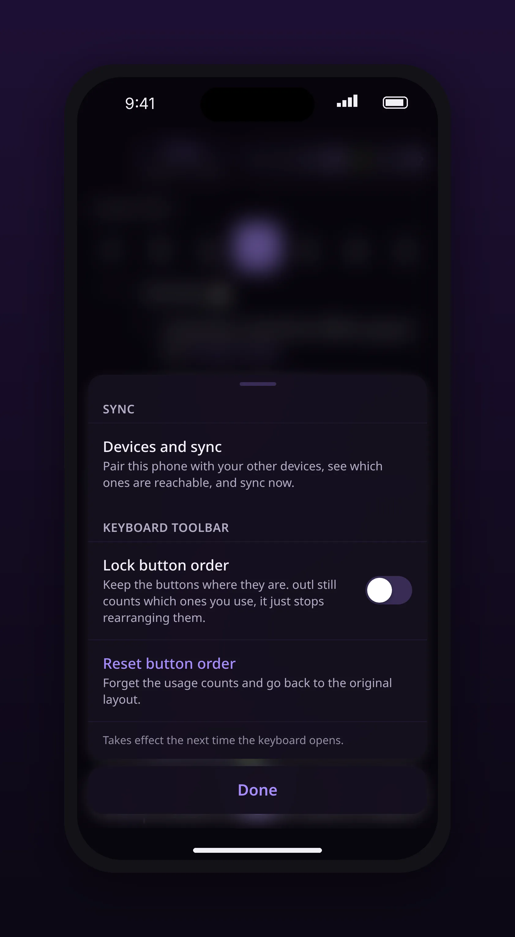 the settings panel with theme, font, reminder and sync options, in outl on the iOS app