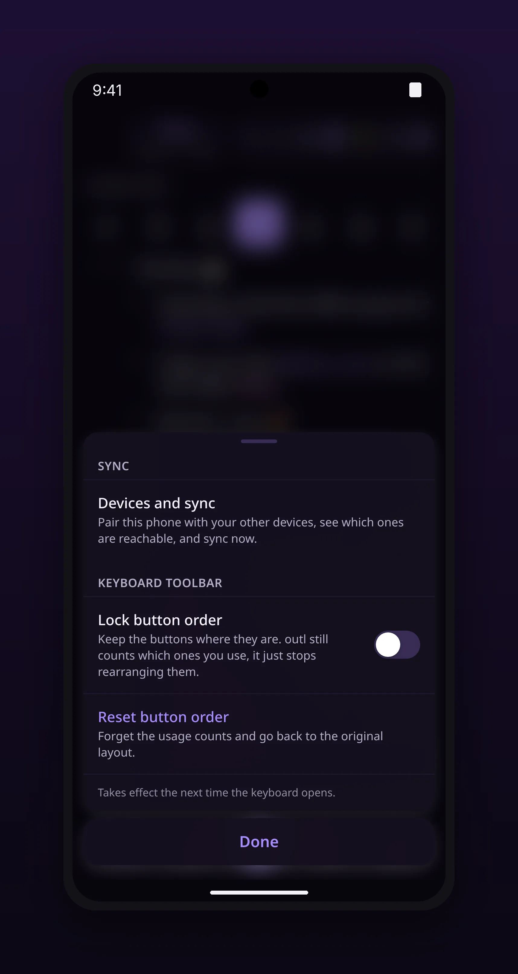 the settings panel with theme, font, reminder and sync options, in outl on the Android app