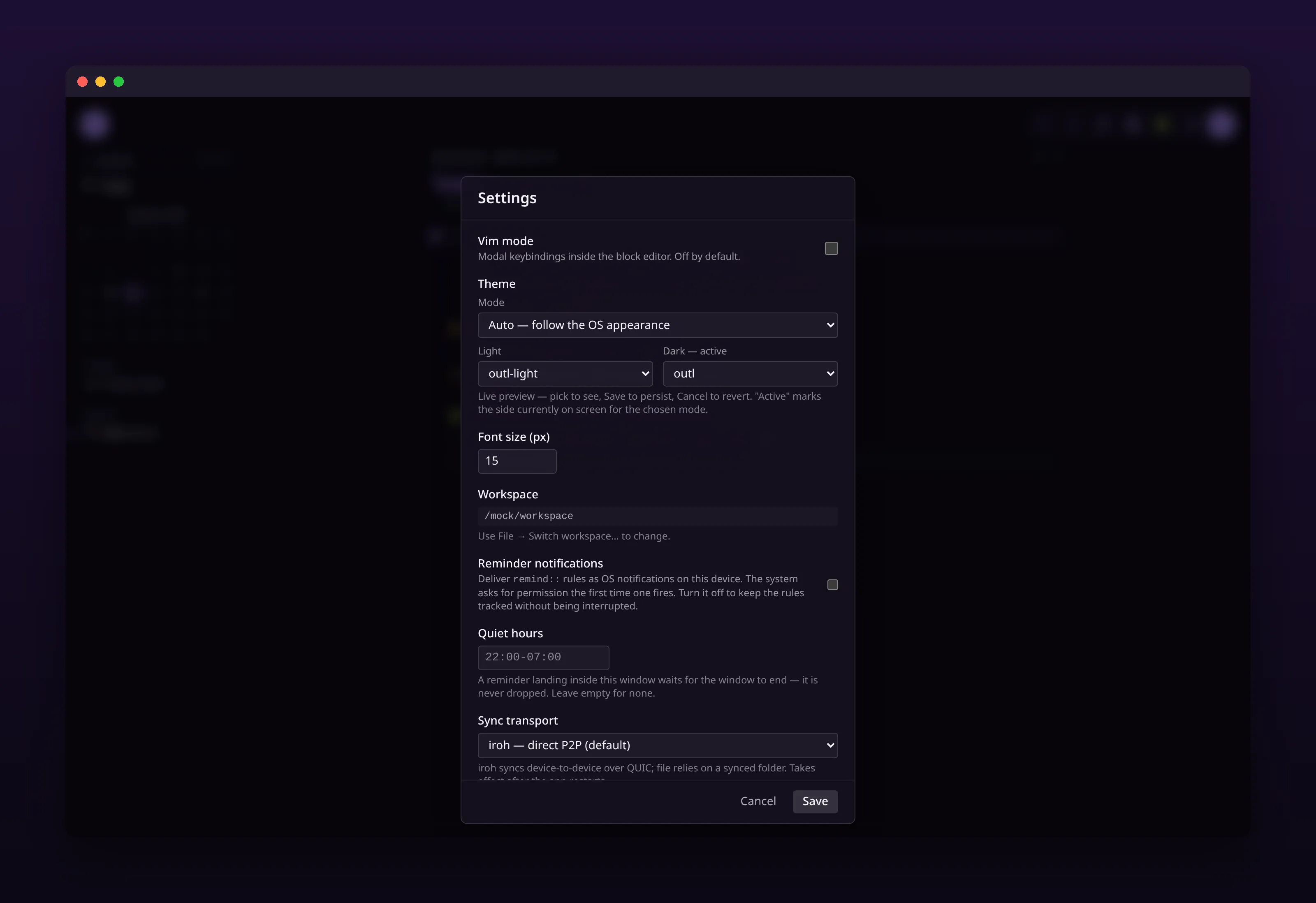 the settings panel with theme, font, reminder and sync options, in outl on the macOS desktop app