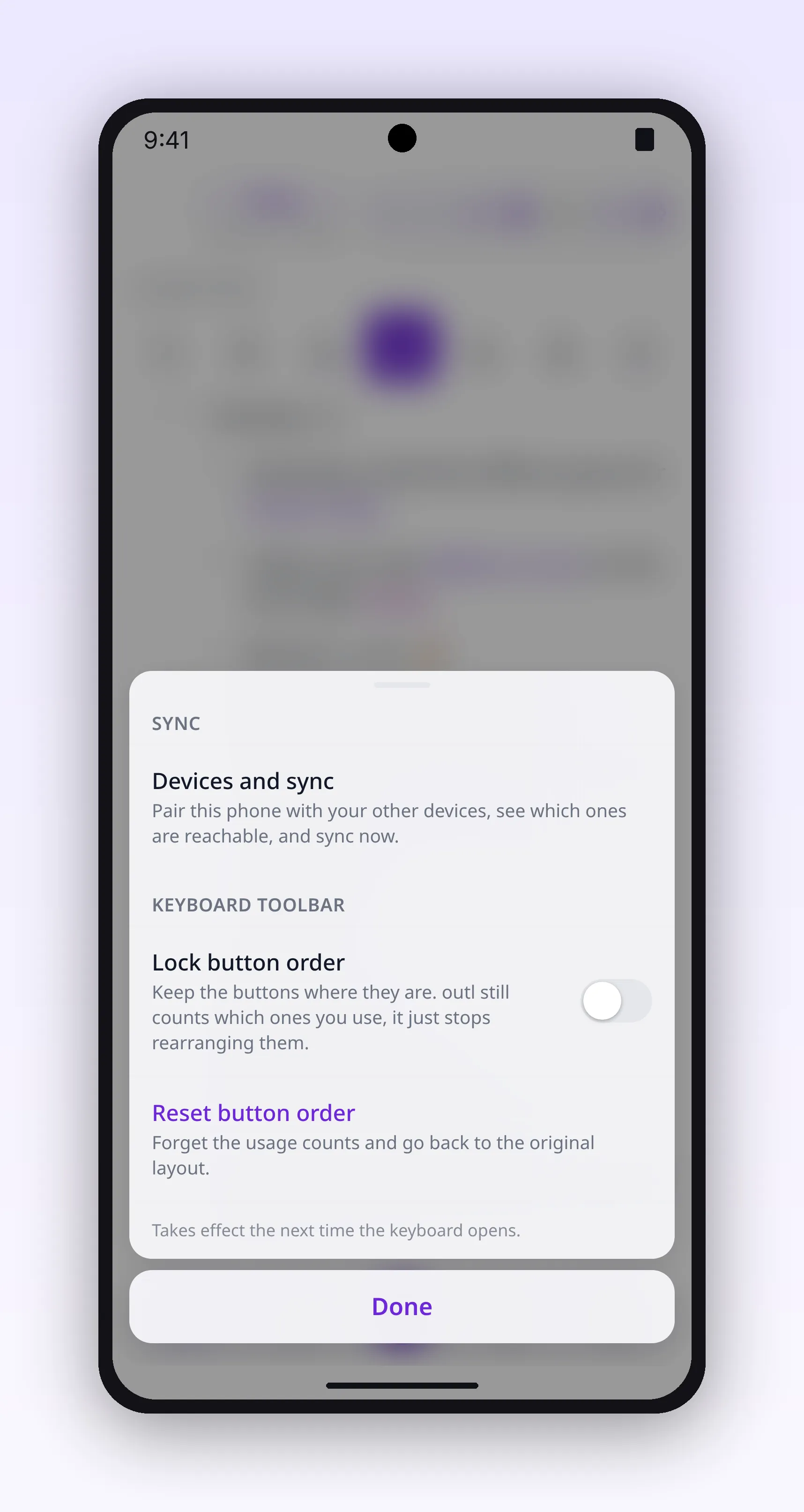 the settings panel with theme, font, reminder and sync options, in outl on the Android app