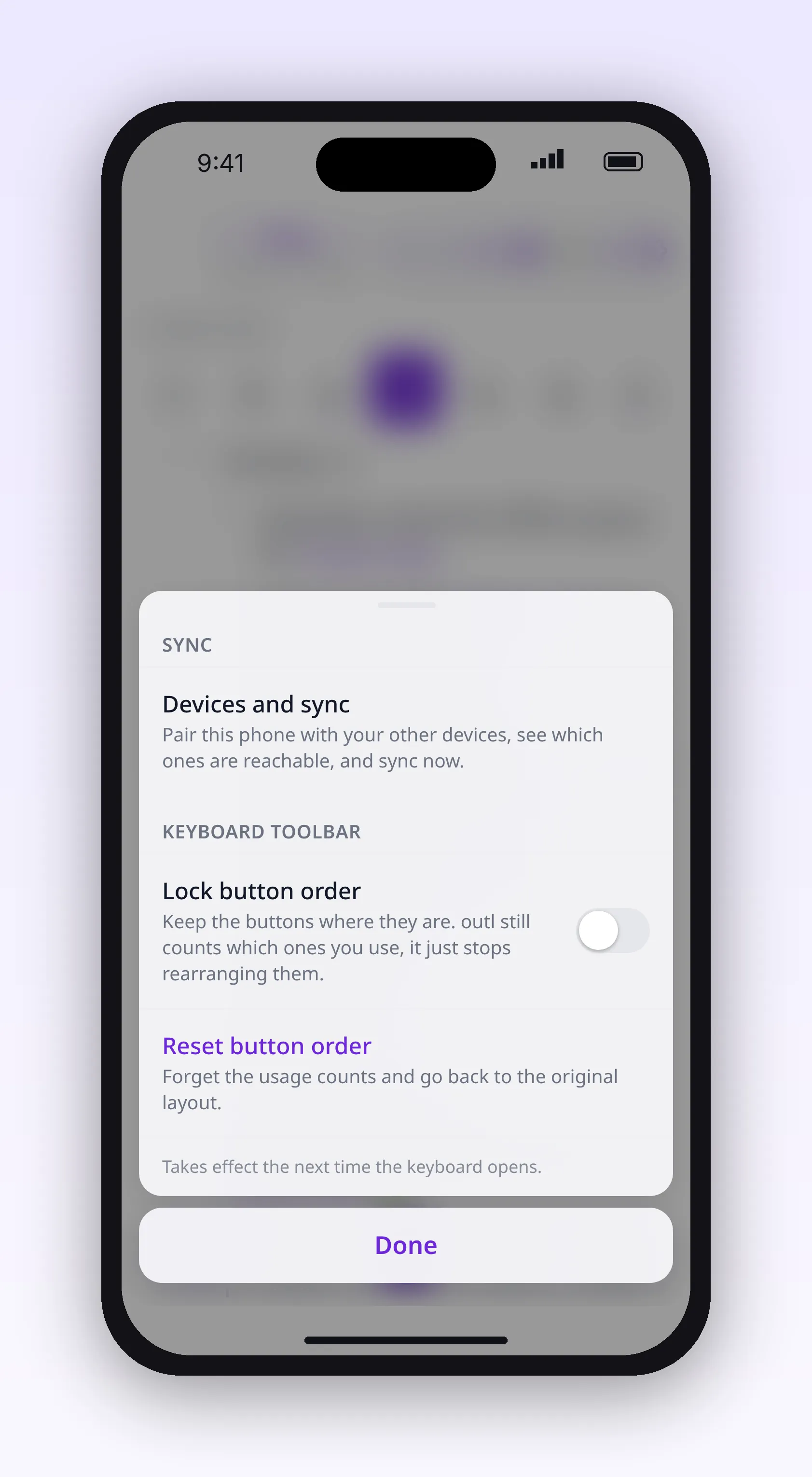 the settings panel with theme, font, reminder and sync options, in outl on the iOS app