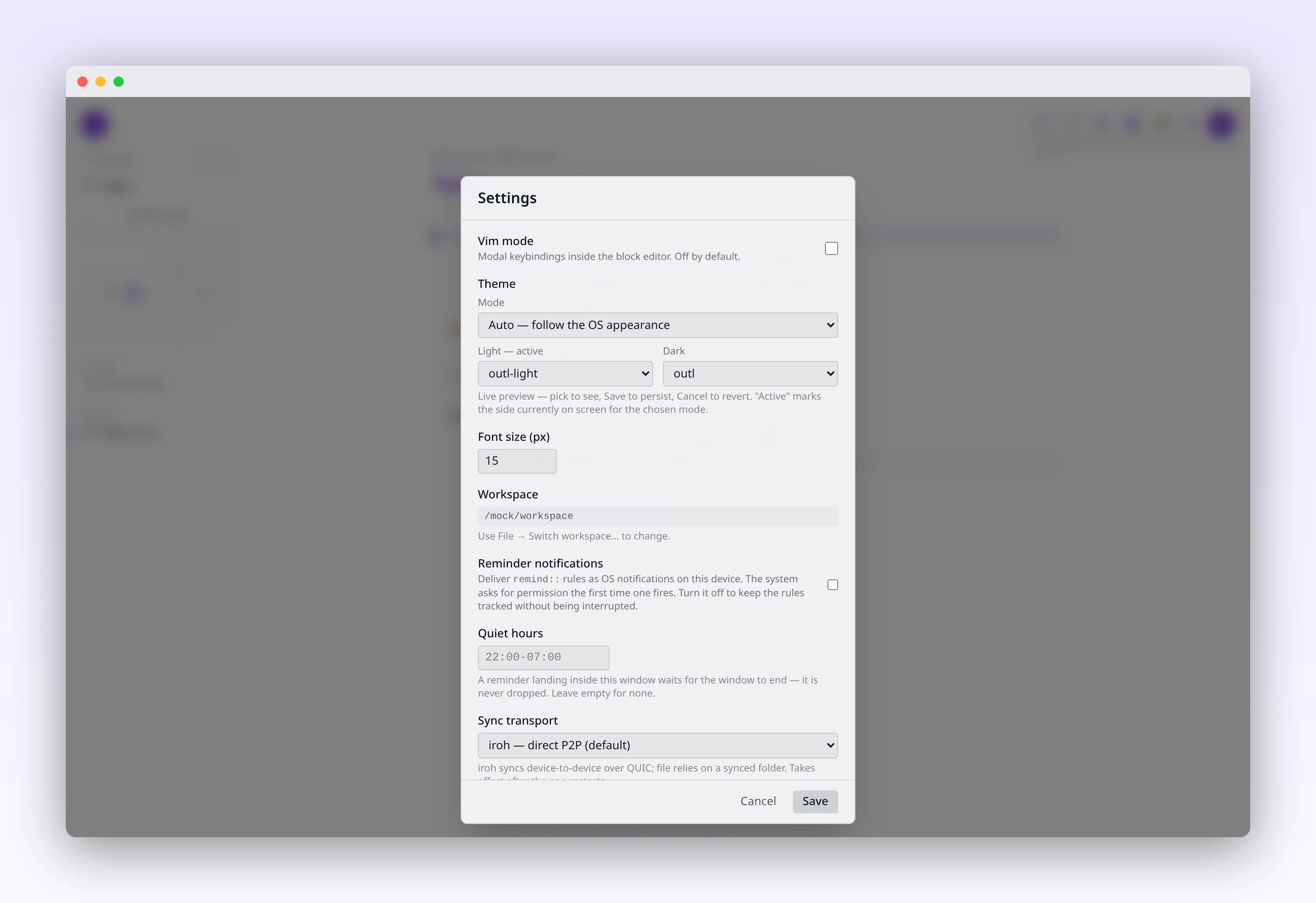 the settings panel with theme, font, reminder and sync options, in outl on the macOS desktop app