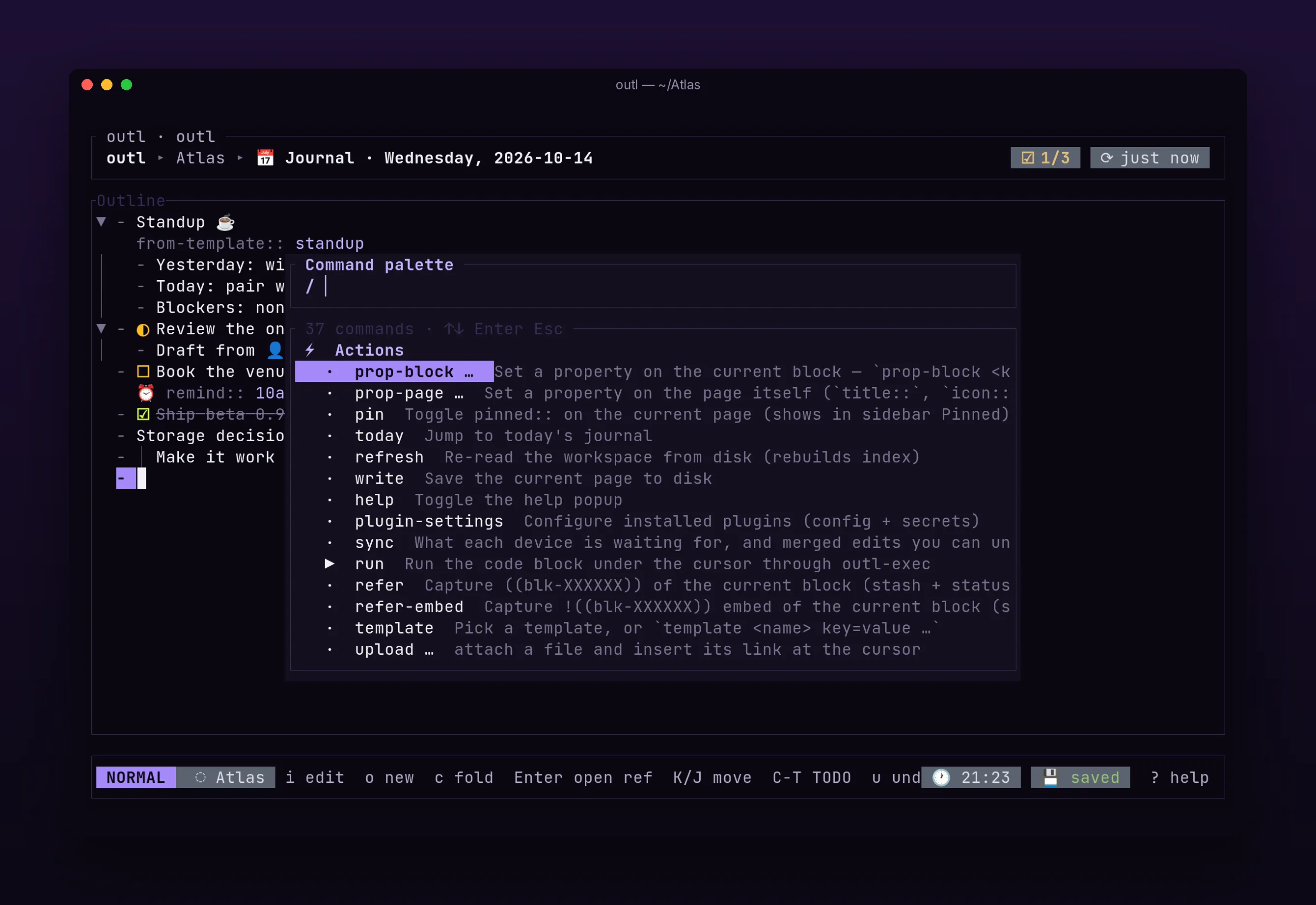 a slash menu listing templates and actions inside a block, in outl on the terminal UI