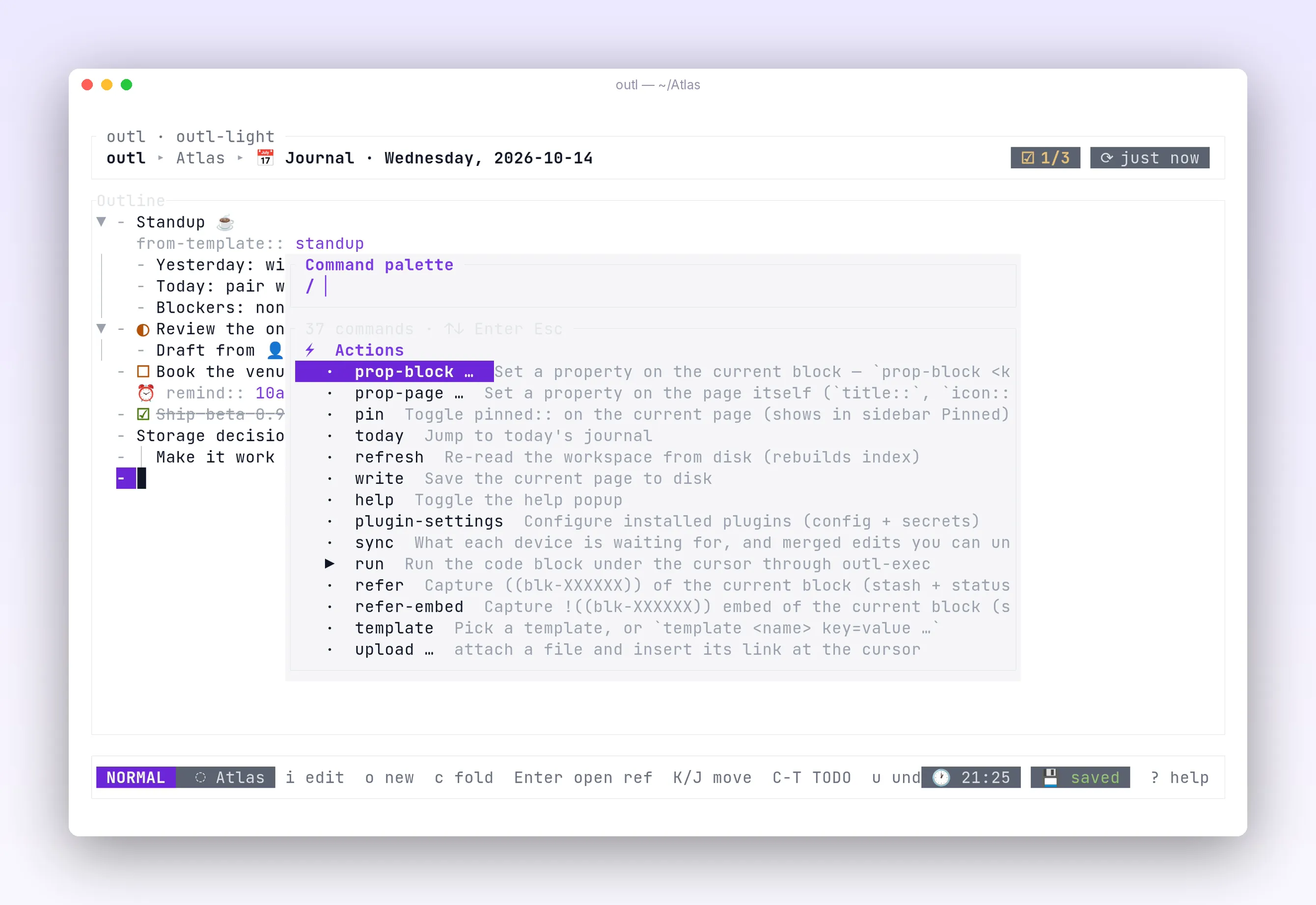 a slash menu listing templates and actions inside a block, in outl on the terminal UI