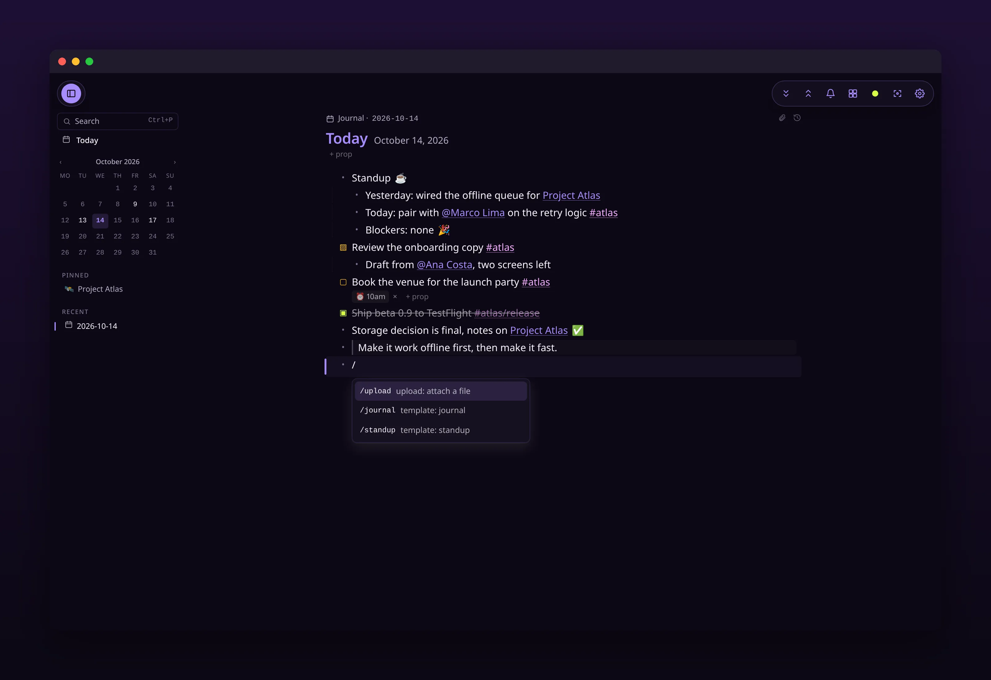 a slash menu listing templates and actions inside a block, in outl on the macOS desktop app