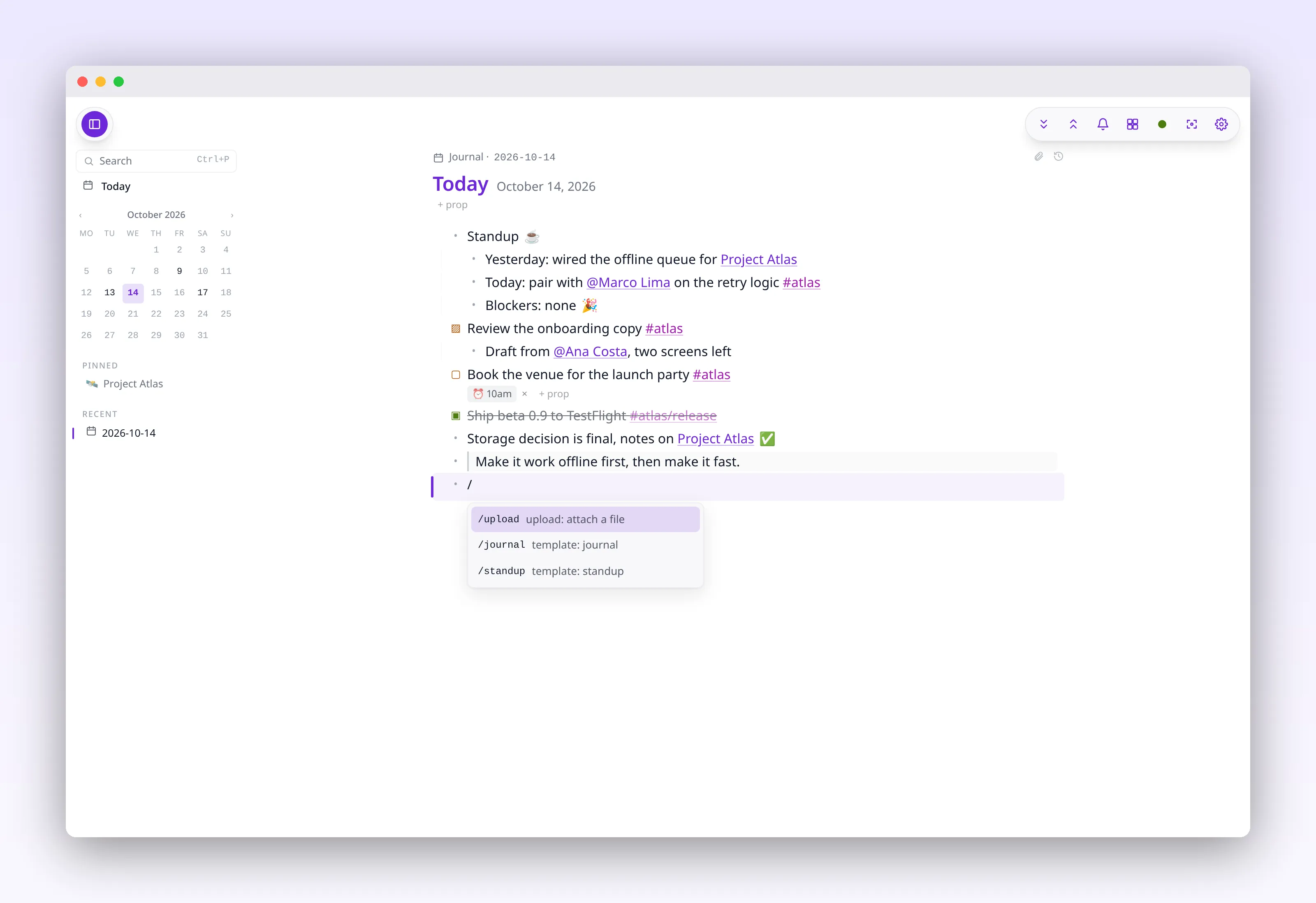 a slash menu listing templates and actions inside a block, in outl on the macOS desktop app