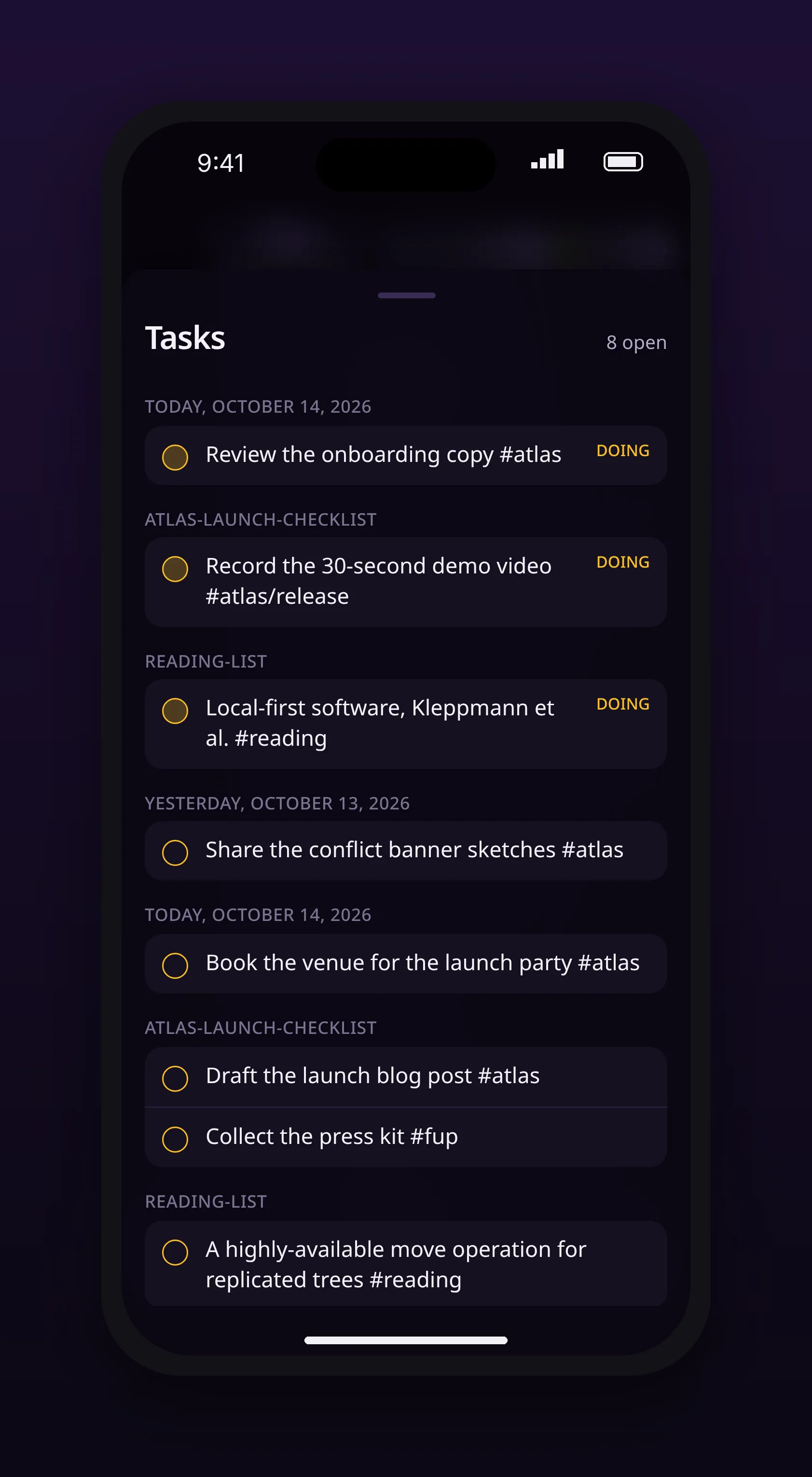 a task list grouped by day, each row naming the page it came from, in outl on the iOS app