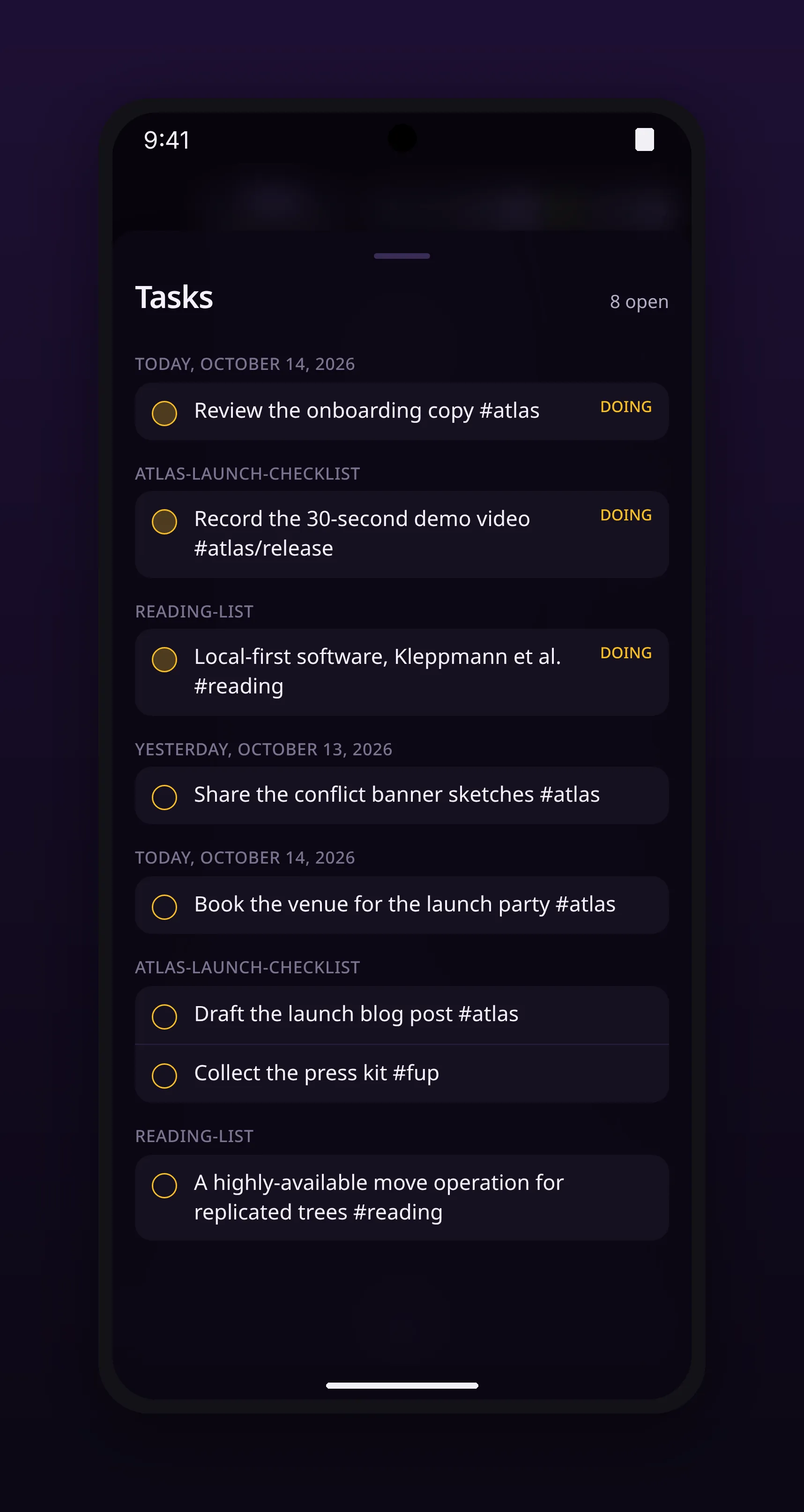 a task list grouped by day, each row naming the page it came from, in outl on the Android app