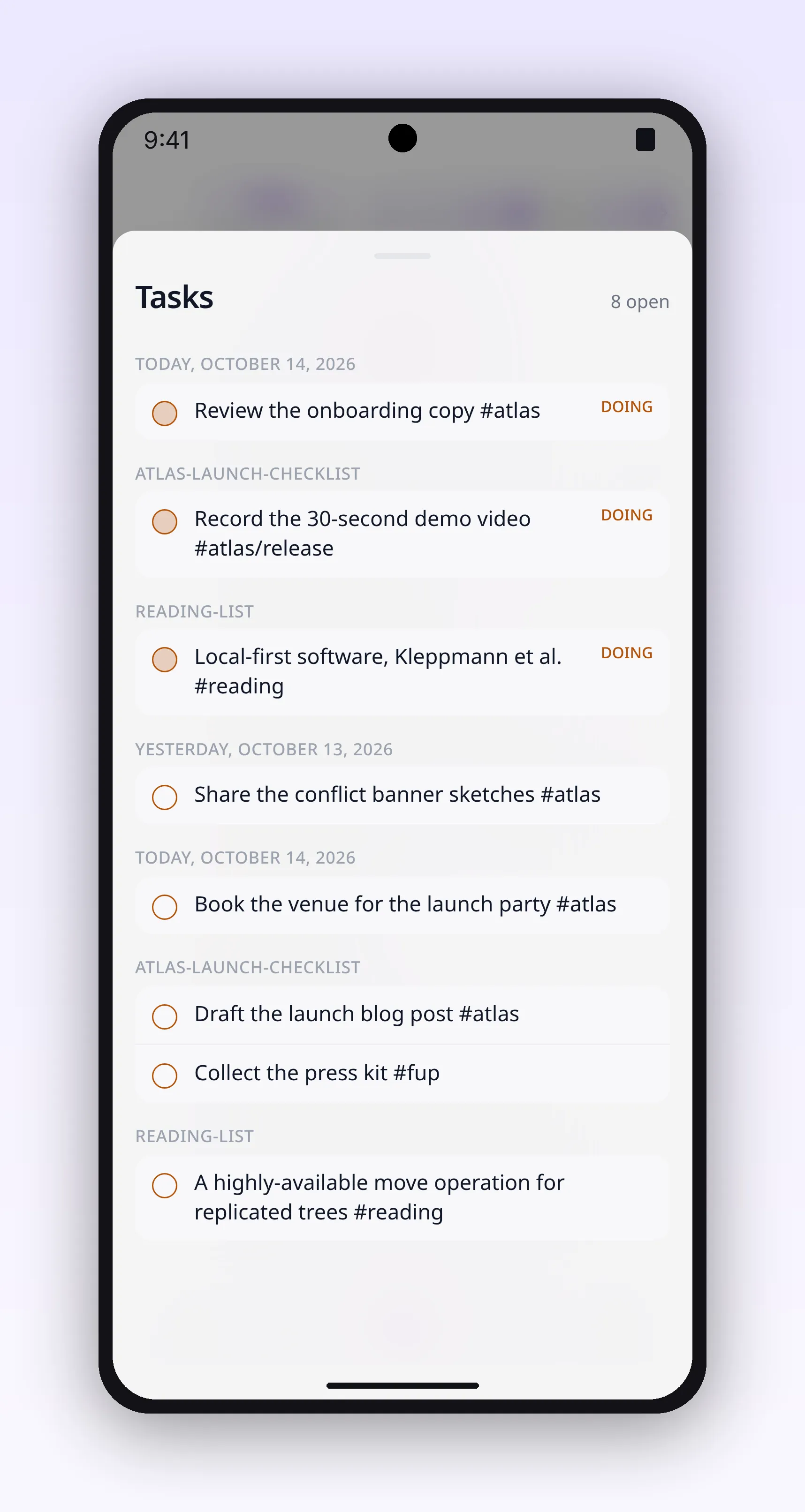 a task list grouped by day, each row naming the page it came from, in outl on the Android app