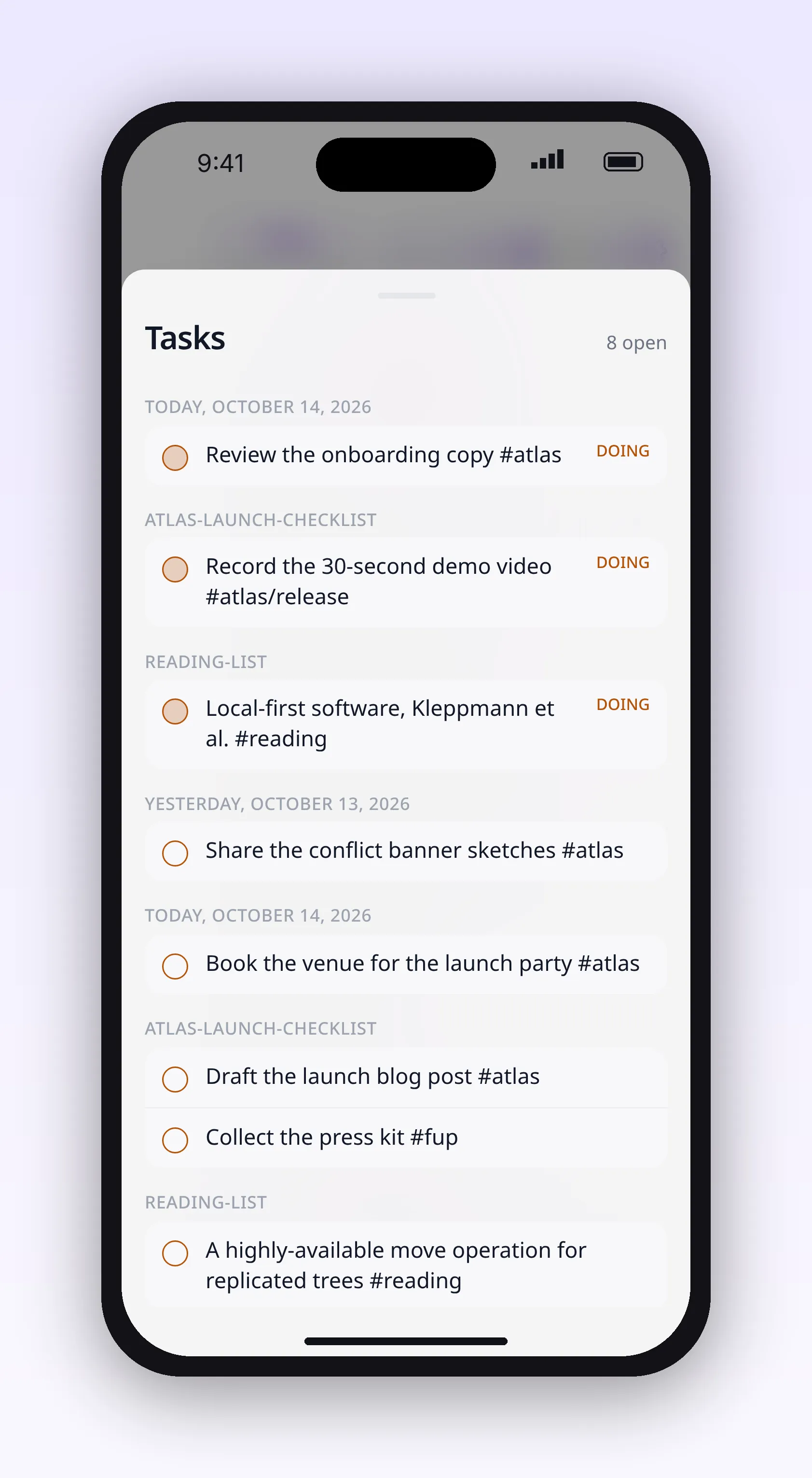 a task list grouped by day, each row naming the page it came from, in outl on the iOS app